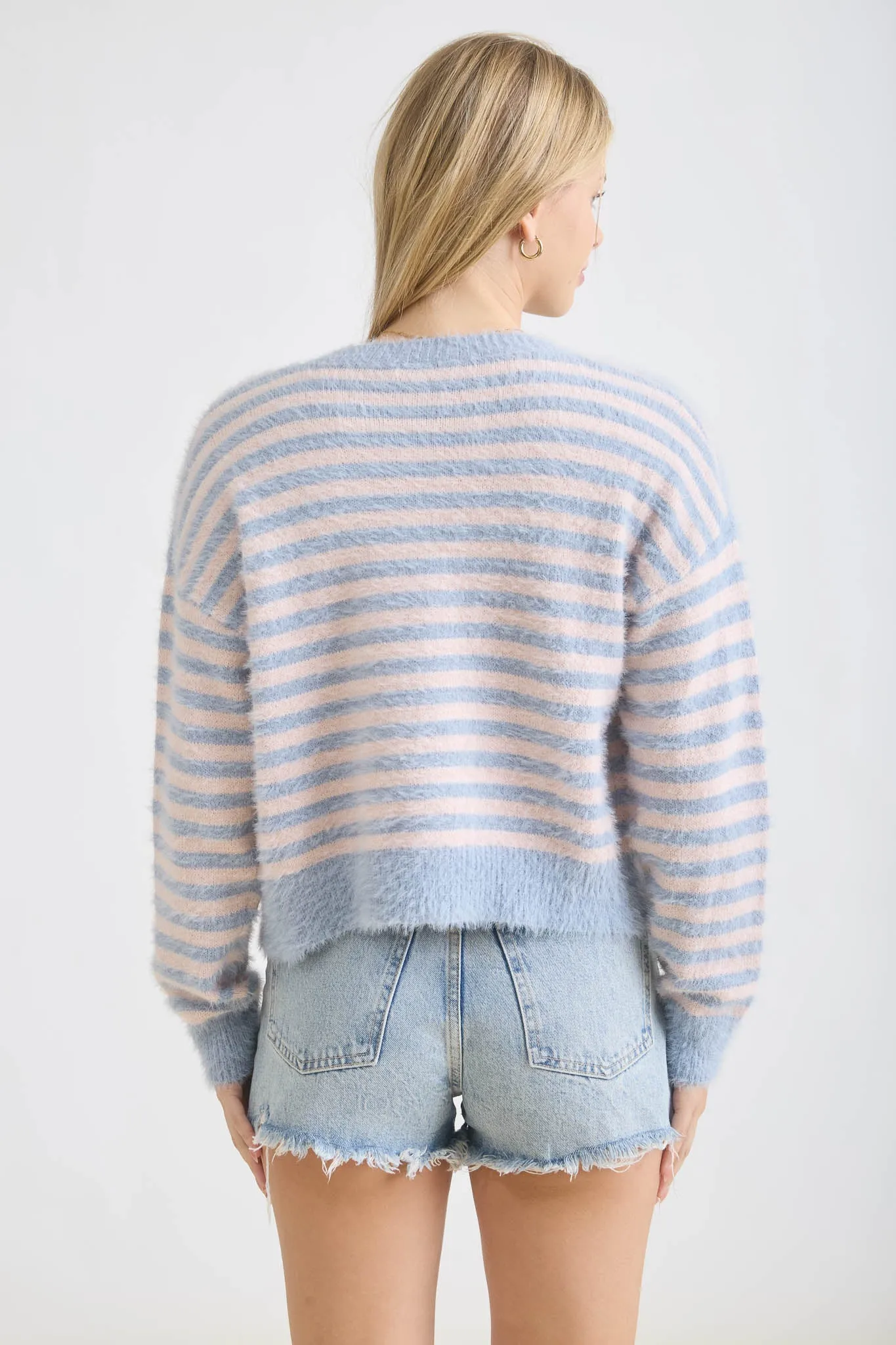 STRIPE ROUND NECK BUTTON DOWN FUZZY KNIT CARDIGAN sold by Blu Pepper product image thumbnail 2