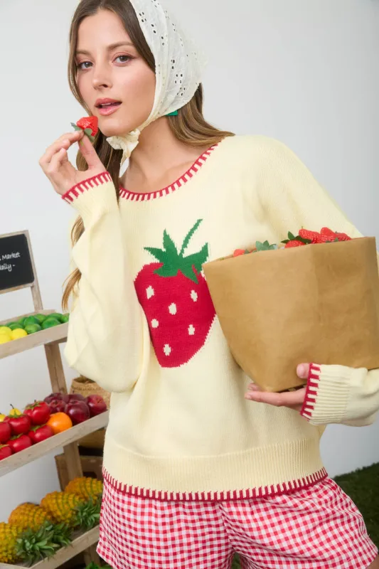 STRAWBERRY MOTIF CONTRAST STITCH KNIT PULLOVER made by mine