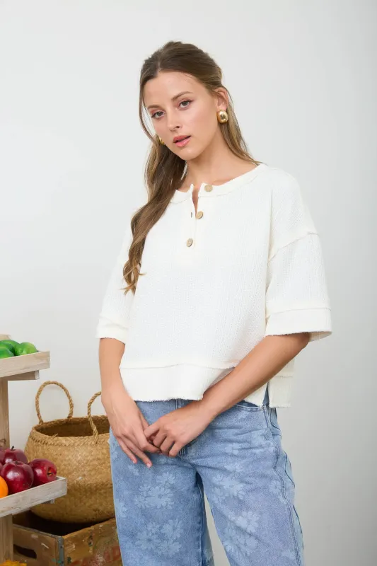 RAW EDGE HENLEY SHORT SLEEVE WAFFLE KNIT TOP sold by Blu Pepper