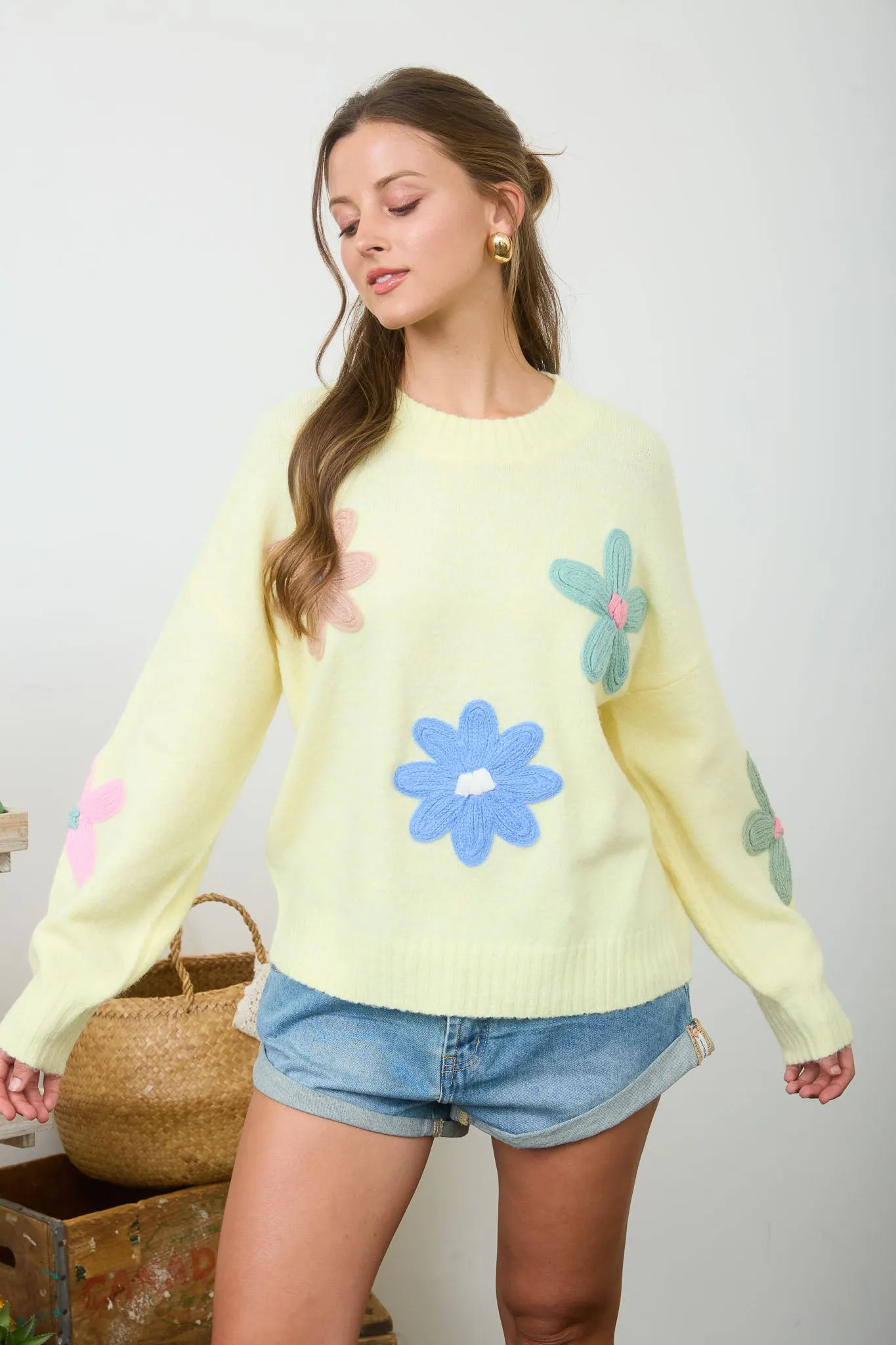 MULTI-COLOR CROCHET FLORAL DETAIL KNIT PULLOVER sold by Blu Pepper product image thumbnail 4
