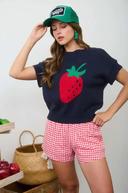 STRAWBERRY MOTIF SHORT SLEEVE KNIT PULLOVER made by Blu Pepper