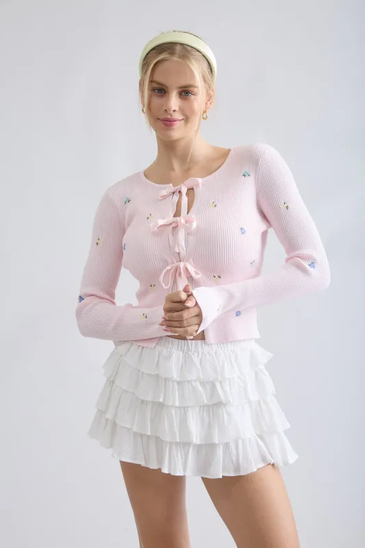 FLORAL EMBROIDERY MULTI FRONT TIE KNIT CARDIGAN sold by Blu Pepper