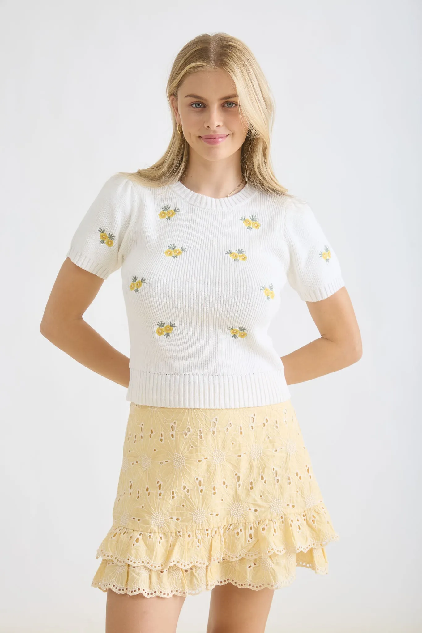 FLORAL EMBROIDERY ROUND NECK SHORT SLEEVE SWEATER sold by Blu Pepper product image thumbnail 4