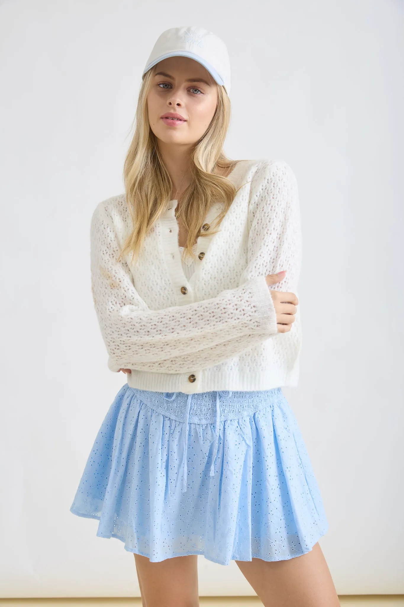 EYELET KNIT PATTERN BUTTON DOWN CARDIGAN sold by Blu Pepper product image thumbnail 5