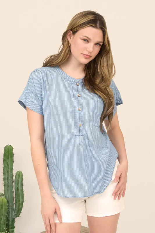 PLUS STRIPE CHAMBRAY HENLEY RUCHED DETAIL TOP sold by Blu Pepper