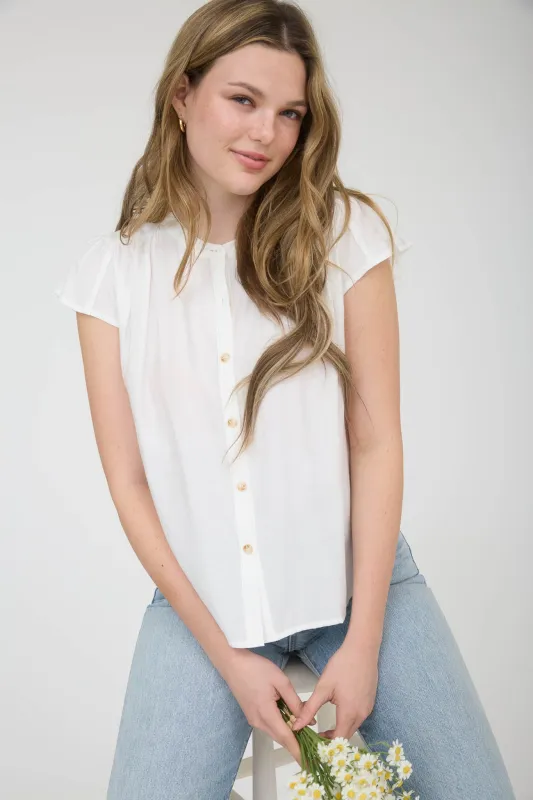 PLUS RUCHED SHOULDER RUFFLE SLEEVE BUTTON DOWN TOP sold by Blu Pepper