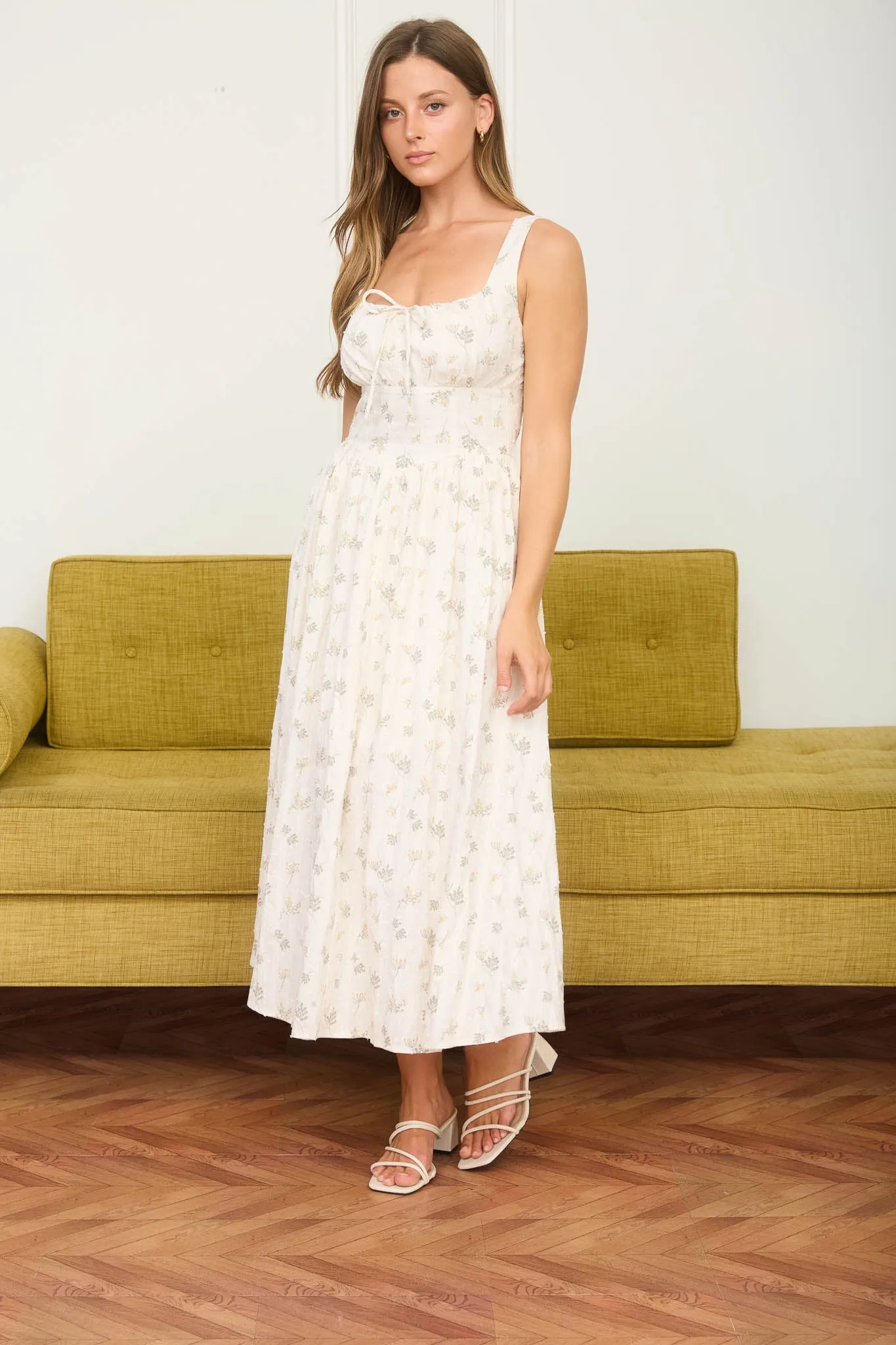 FLORAL CLIP DOT FRONT TIE CORSET DETAIL MIDI DRESS sold by Blu Pepper product image thumbnail 3