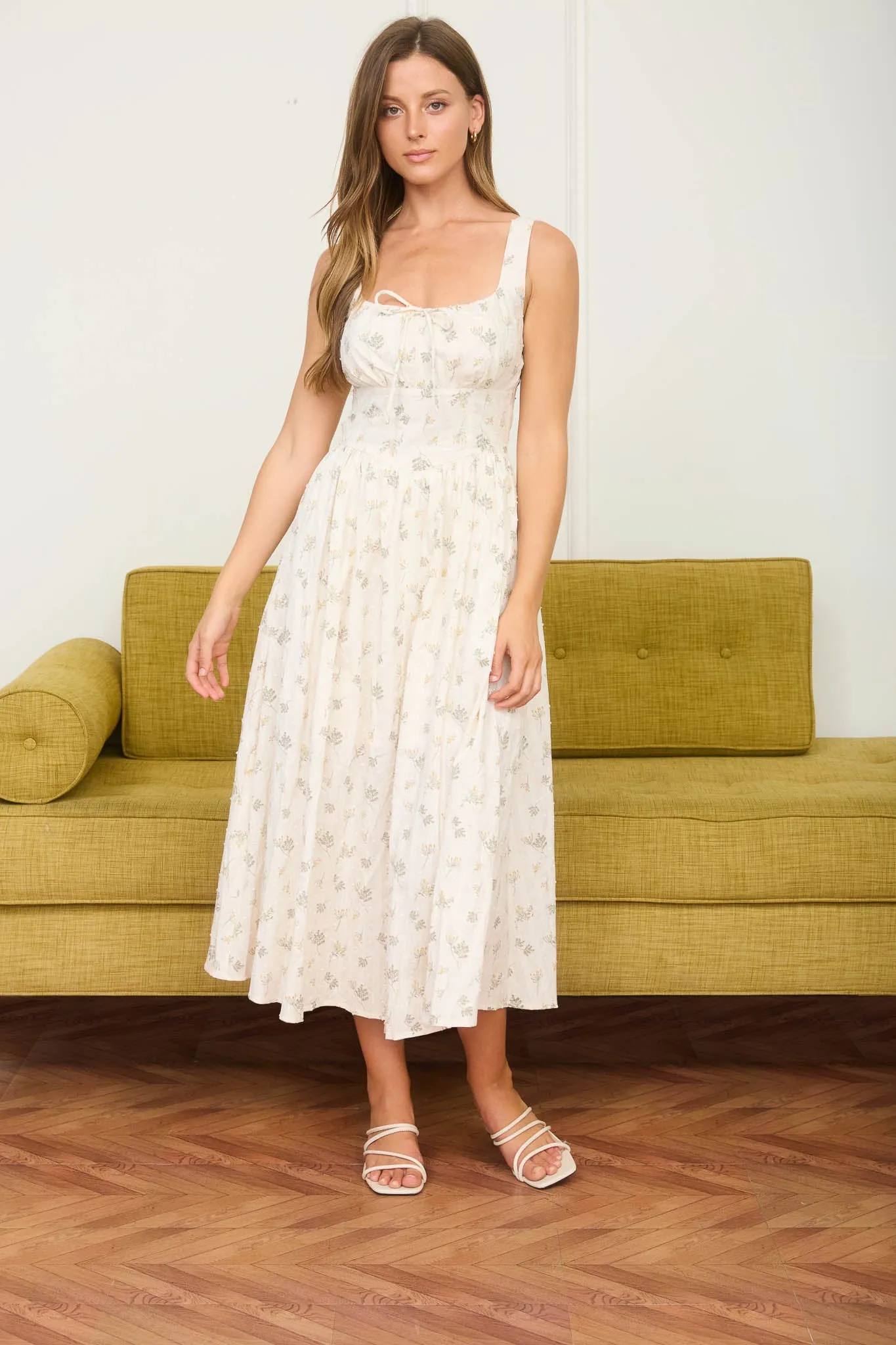 FLORAL CLIP DOT FRONT TIE CORSET DETAIL MIDI DRESS sold by Blu Pepper