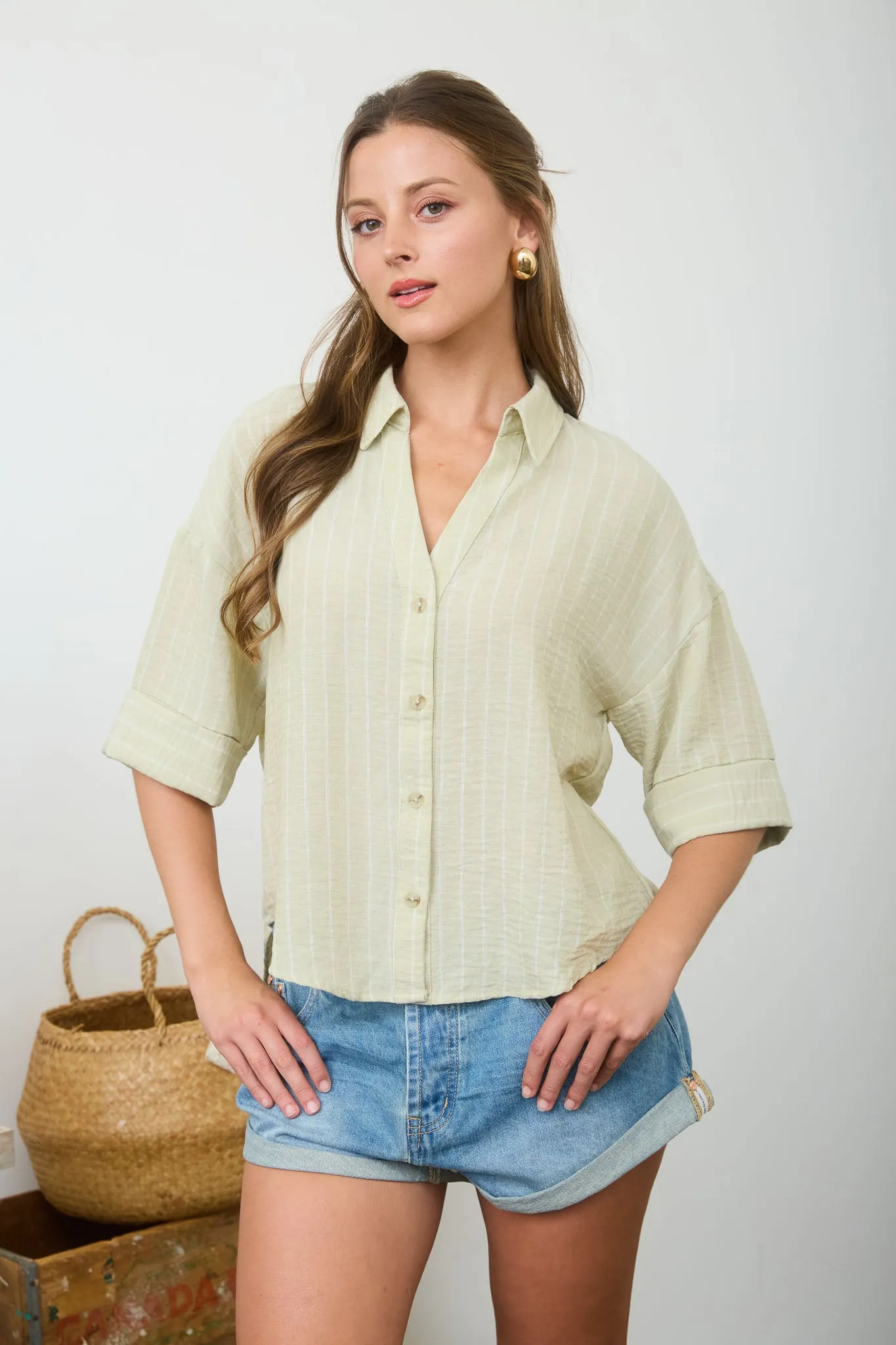 PINSTRIPE COLLARED BUTTON DOWN WIDE 3/4 SLEEVE TOP sold by Blu Pepper