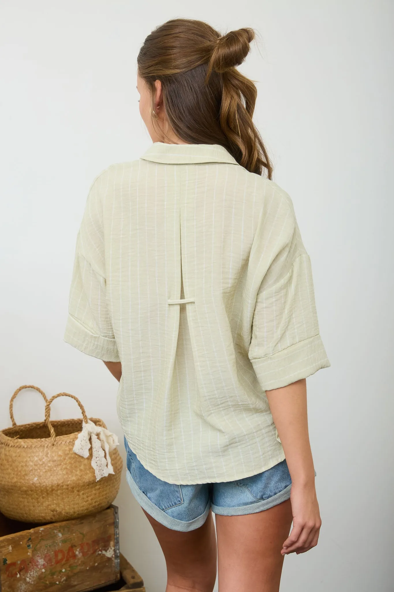 PINSTRIPE COLLARED BUTTON DOWN WIDE 3/4 SLEEVE TOP sold by Blu Pepper product image thumbnail 2