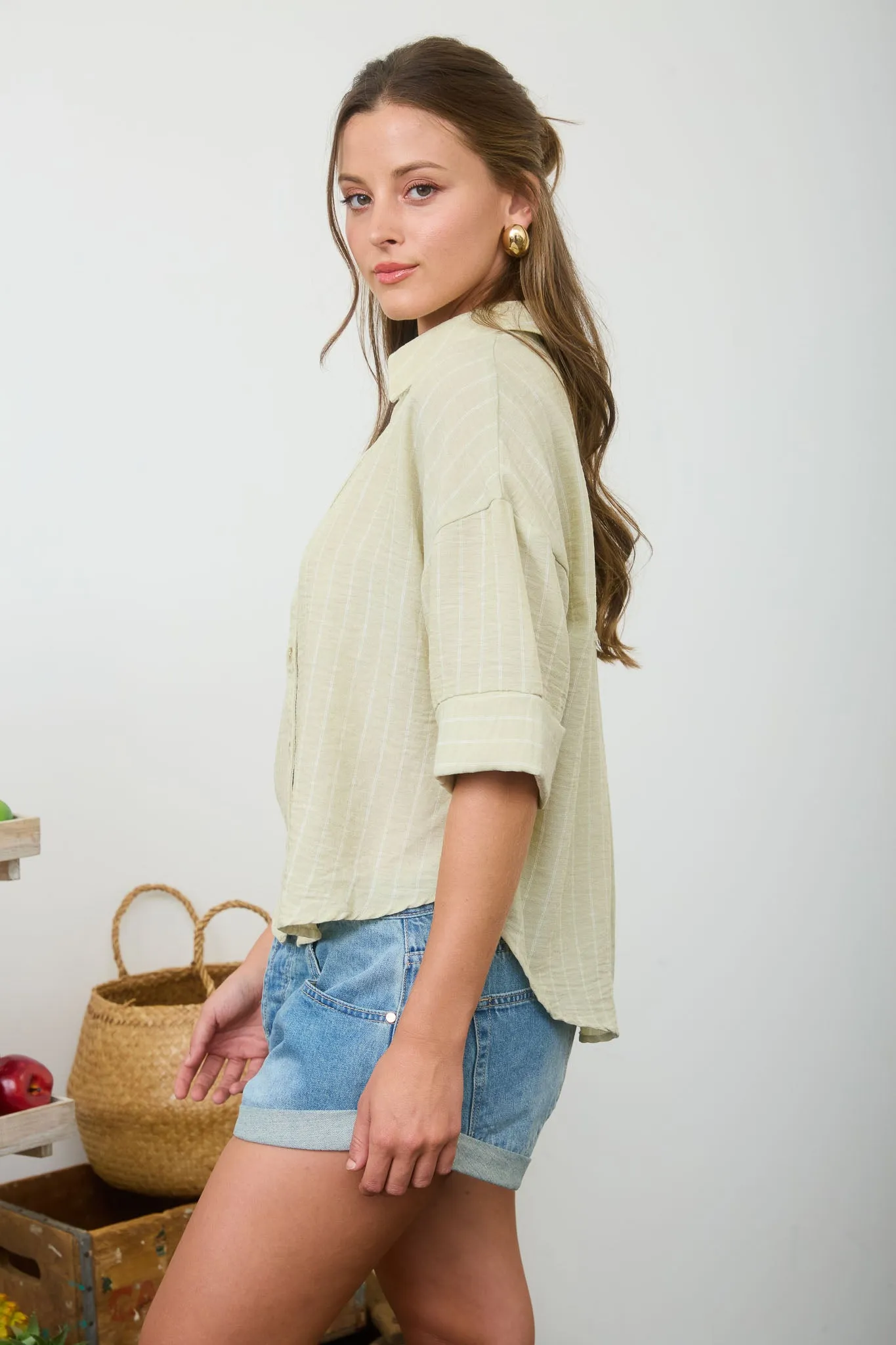 PINSTRIPE COLLARED BUTTON DOWN WIDE 3/4 SLEEVE TOP sold by Blu Pepper product image thumbnail 3