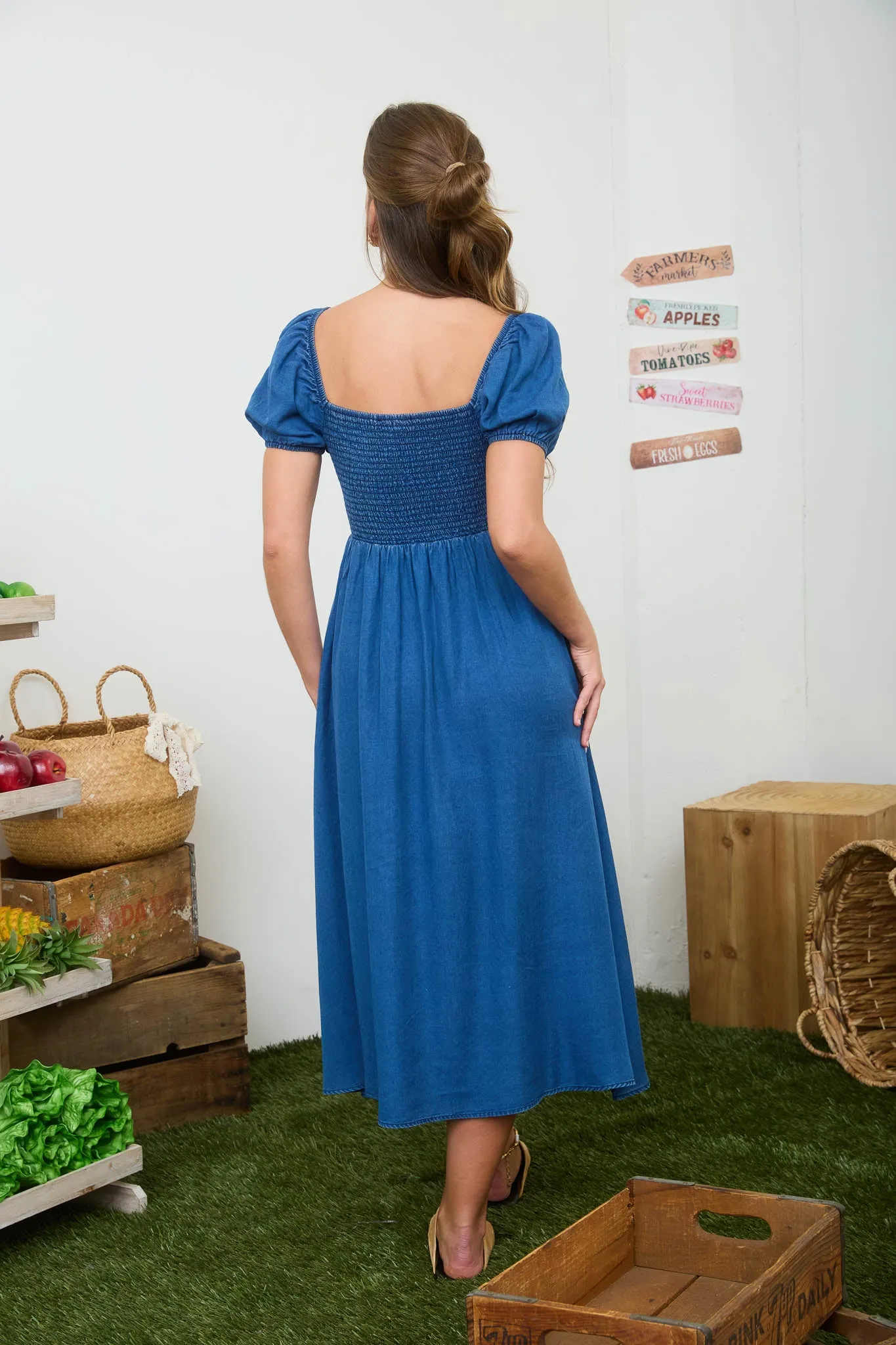 SMOCKED FRONT TIE PUFF SLEEVE DENIM MIDI DRESS sold by Blu Pepper product image thumbnail 2