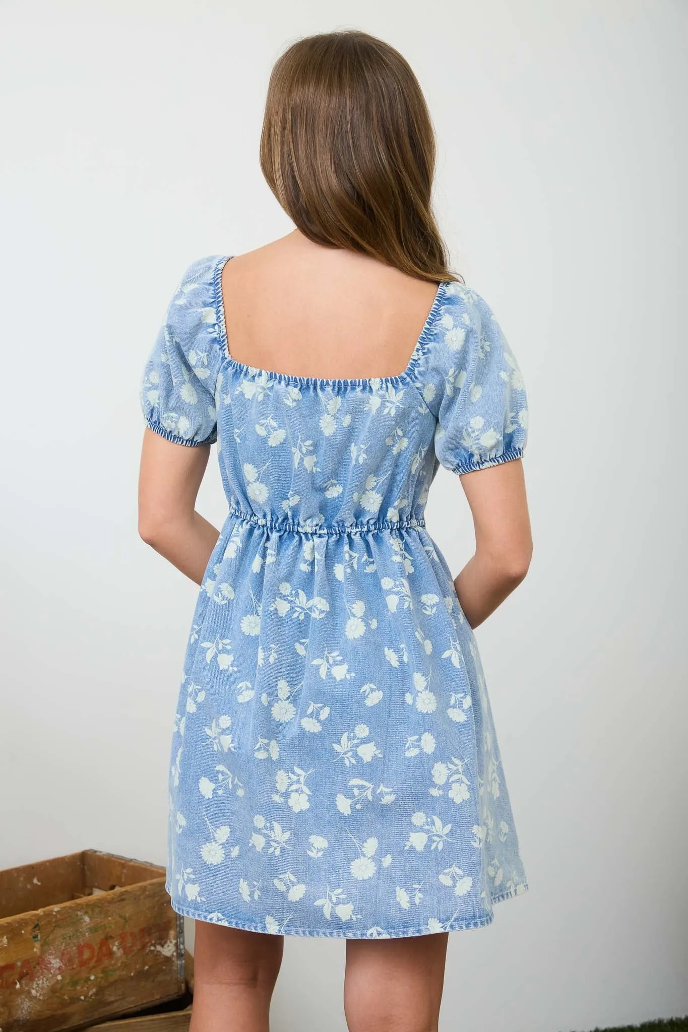 FLORAL WASHED DENIM SHORT PUFF SLEEVE MINI DRESS sold by Blu Pepper product image thumbnail 2