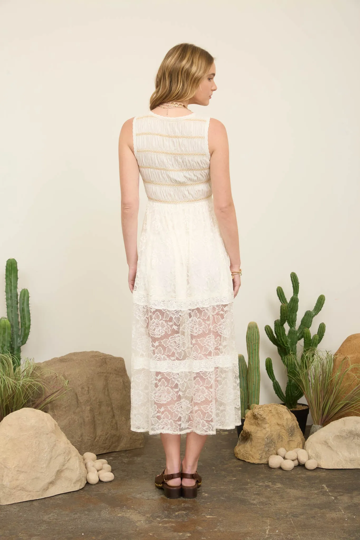 LACE SLEEVELESS SHIRRED MOCK BUTTON MAXI DRESS sold by Blu Pepper product image thumbnail 2