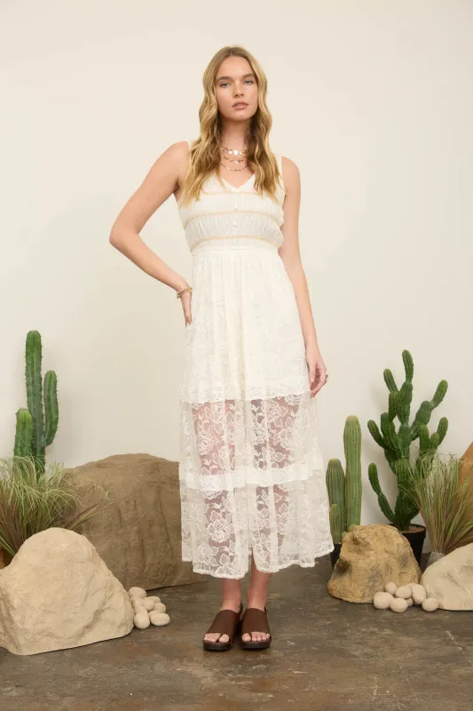 LACE SLEEVELESS SHIRRED MOCK BUTTON MAXI DRESS made by Blu Pepper