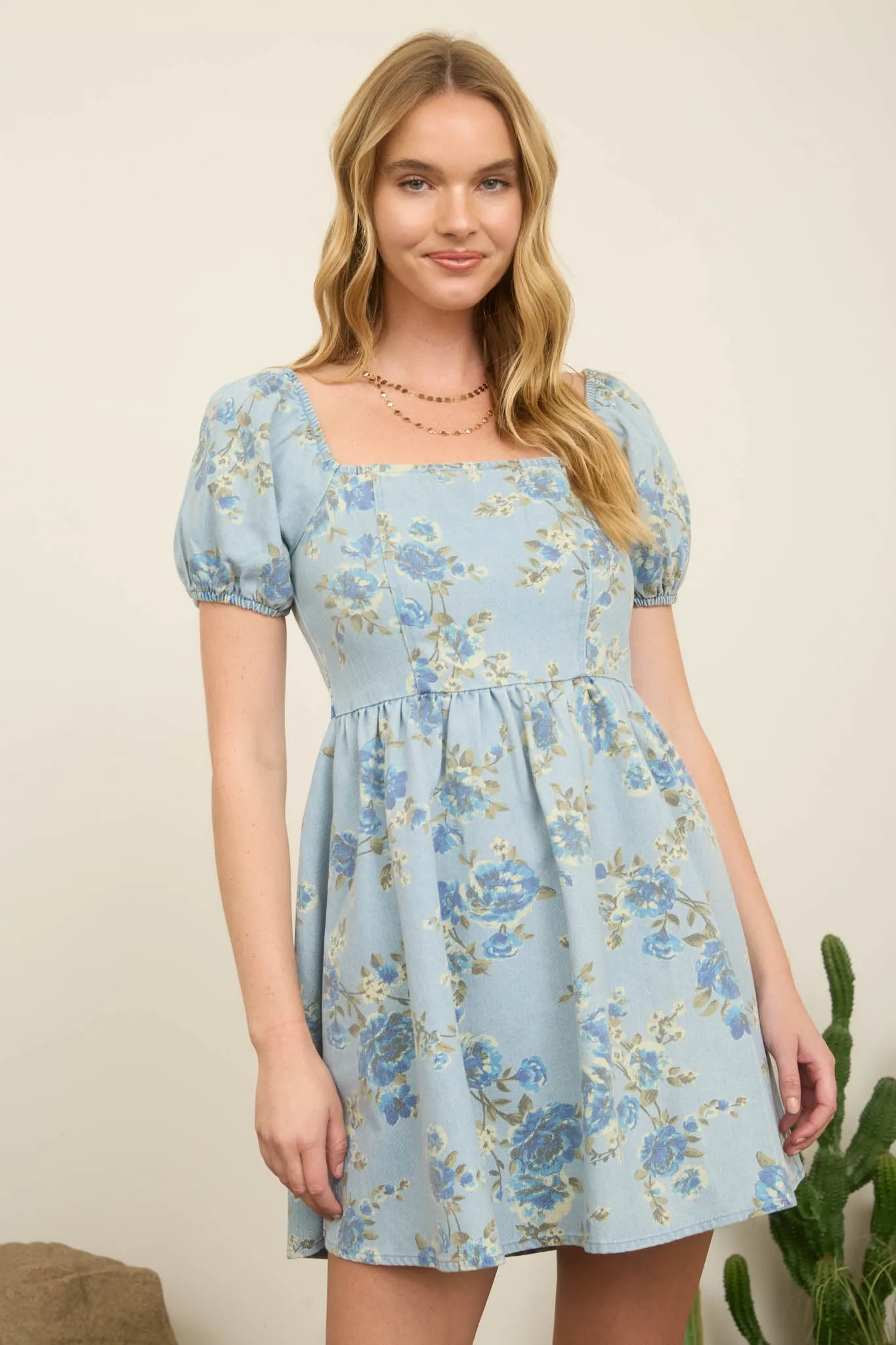 FLORAL LIGHT DENIM PUFF SLEEVE MINI DRESS sold by Blu Pepper product image thumbnail 4