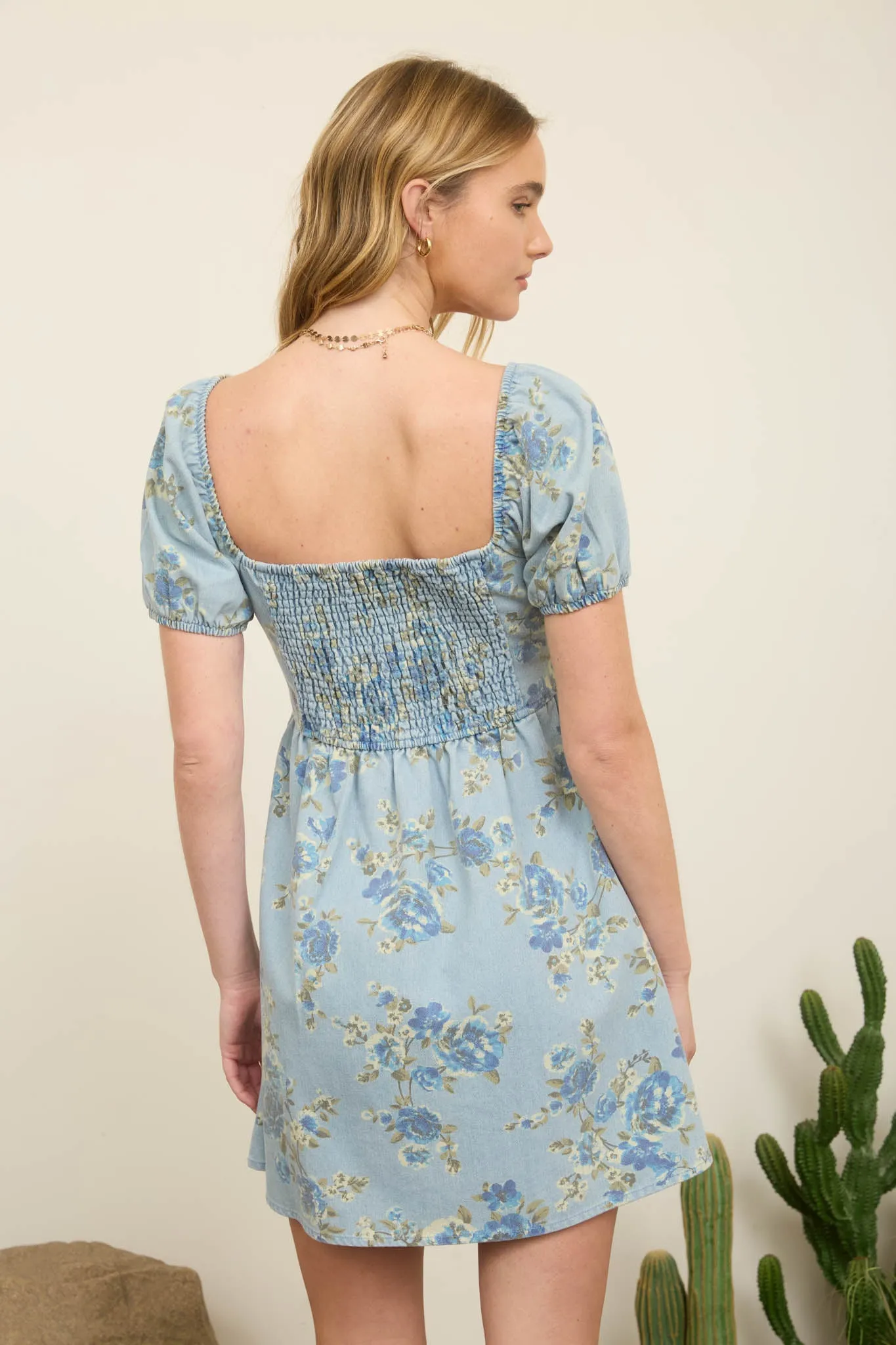 FLORAL LIGHT DENIM PUFF SLEEVE MINI DRESS sold by Blu Pepper product image thumbnail 2