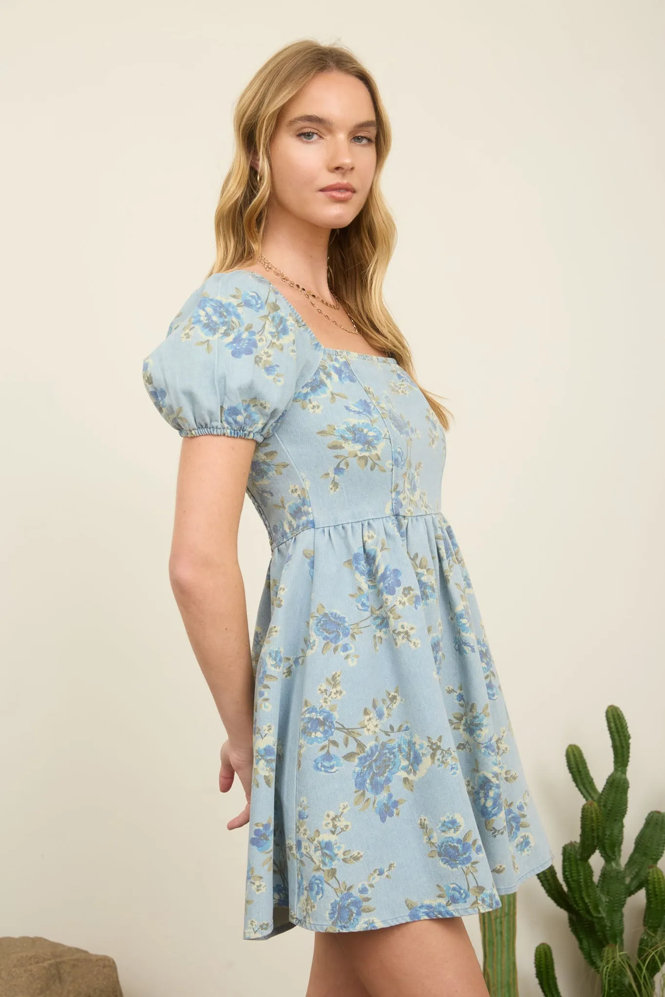 FLORAL LIGHT DENIM PUFF SLEEVE MINI DRESS sold by Blu Pepper product image thumbnail 3
