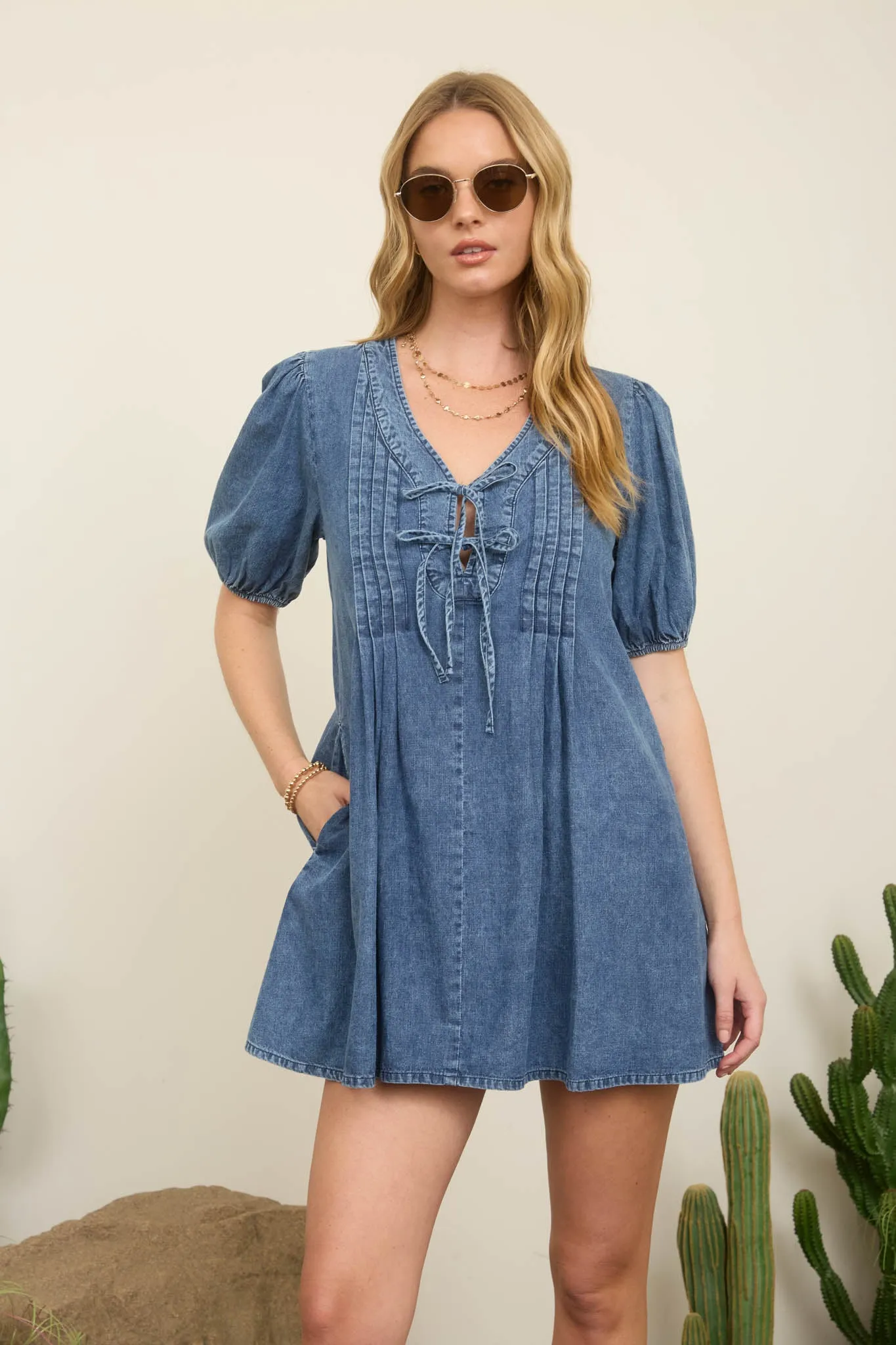 PLEATED FRONT TIE PUFF SLEEVE DENIM MINI DRESS sold by Blu Pepper