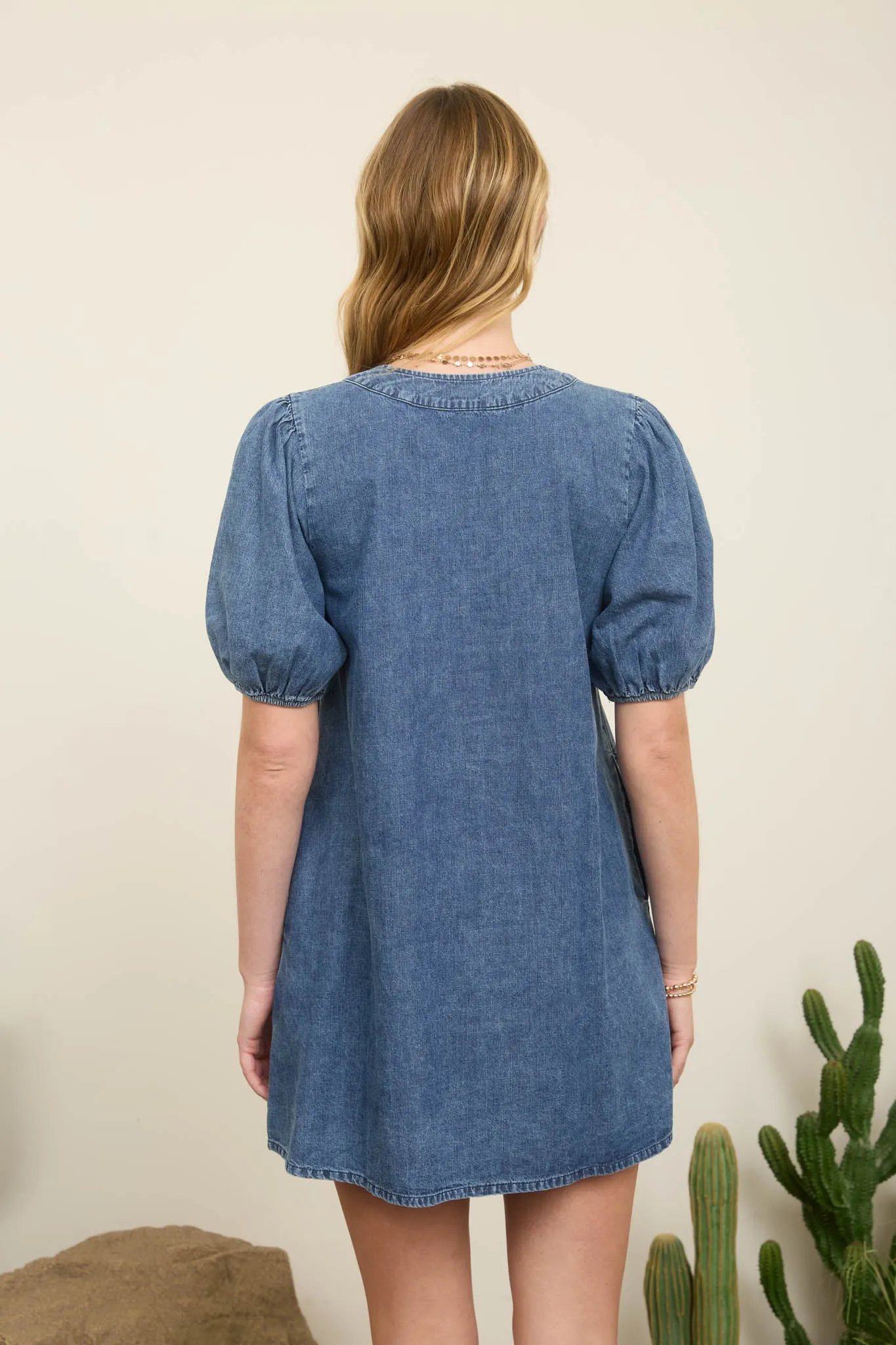 PLEATED FRONT TIE PUFF SLEEVE DENIM MINI DRESS sold by Blu Pepper product image thumbnail 2