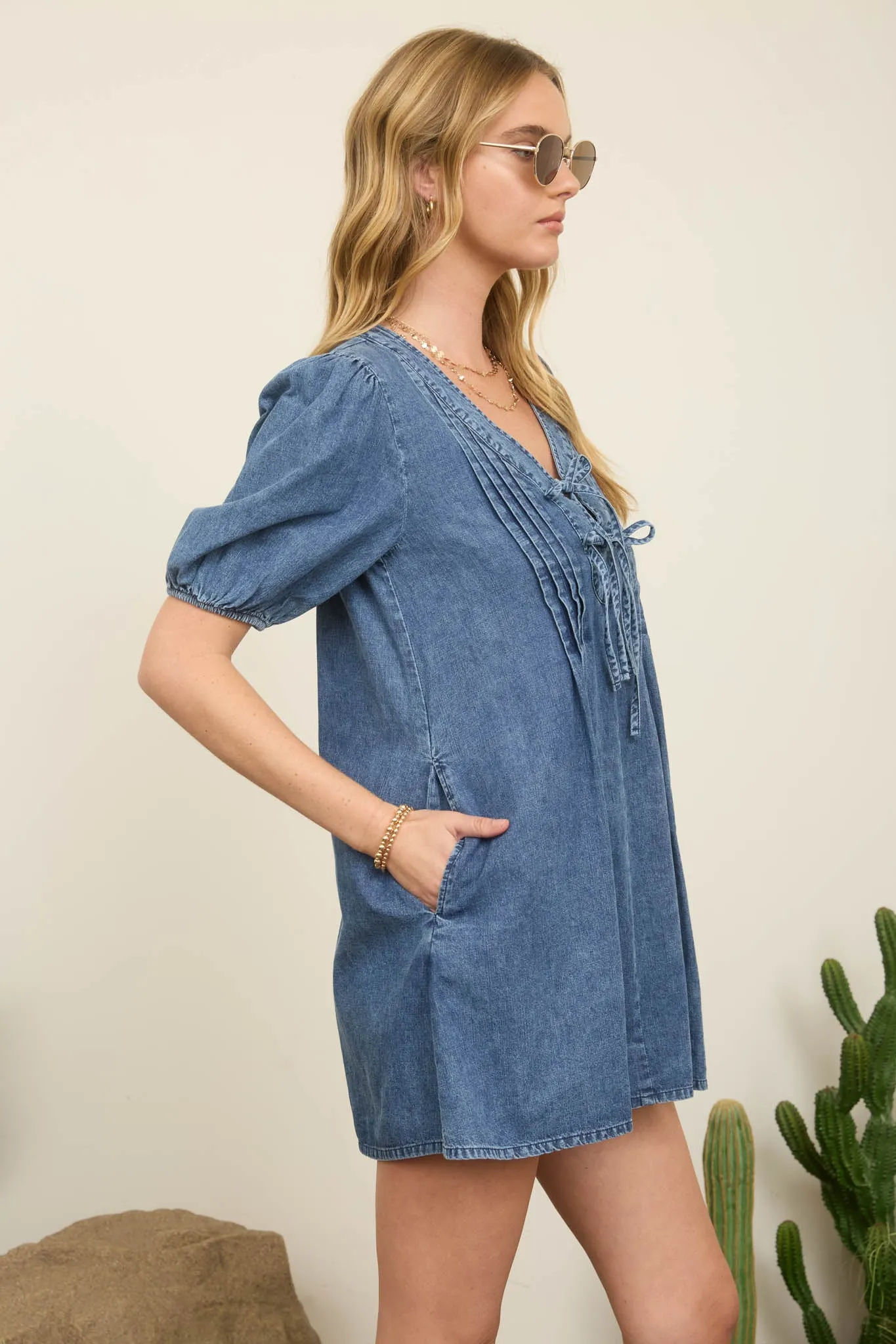 PLEATED FRONT TIE PUFF SLEEVE DENIM MINI DRESS sold by Blu Pepper product image thumbnail 3