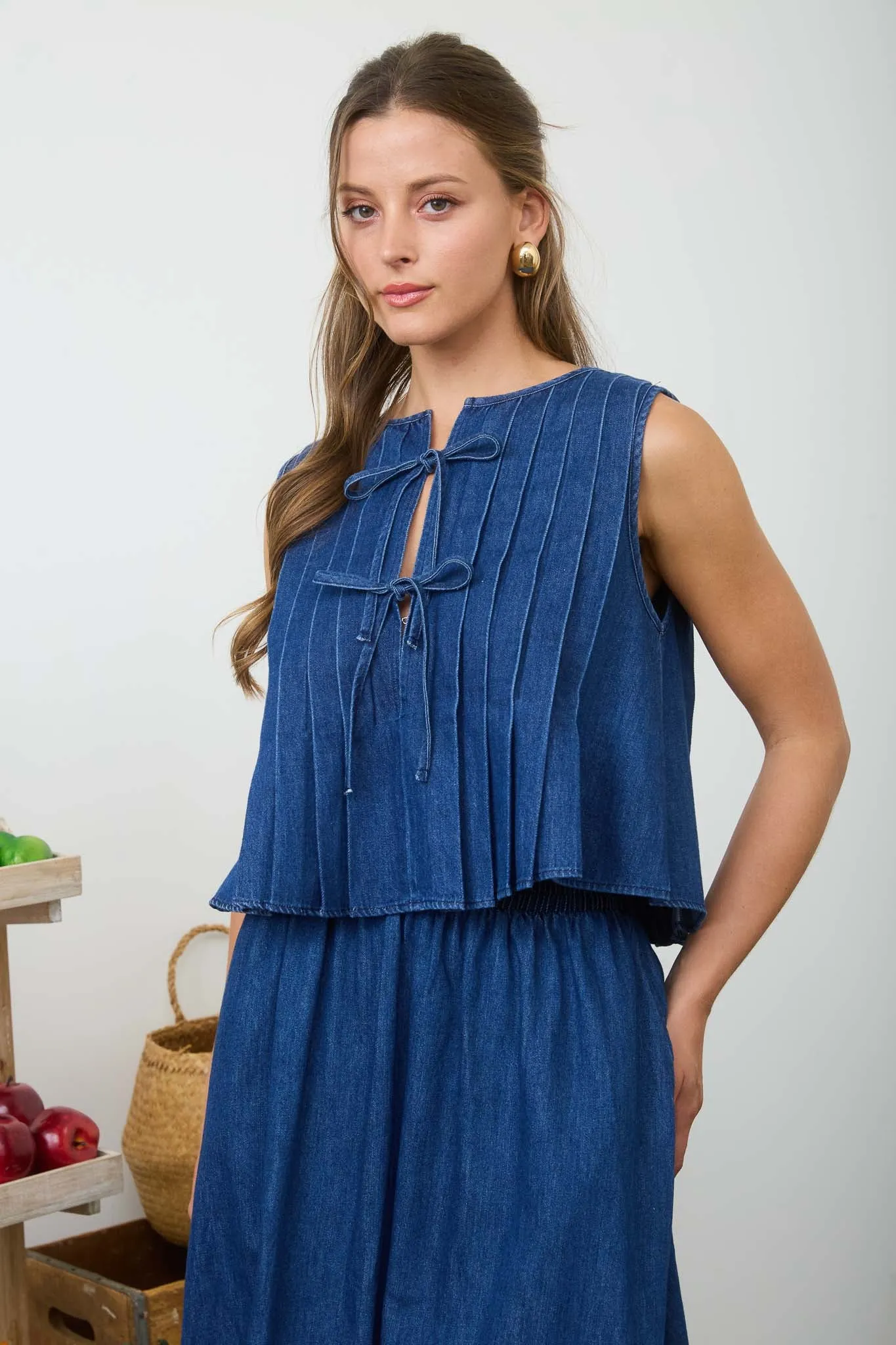 FRONT TIE PINTUCK DETAIL SLEEVELESS DENIM BLOUSE sold by Blu Pepper product image thumbnail 3