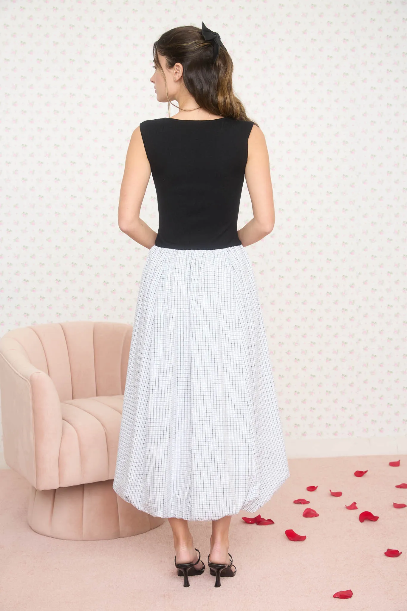 MIXED MEDIA BALLOON PLAID SKIRT MIDI DRESS sold by Blu Pepper product image thumbnail 2