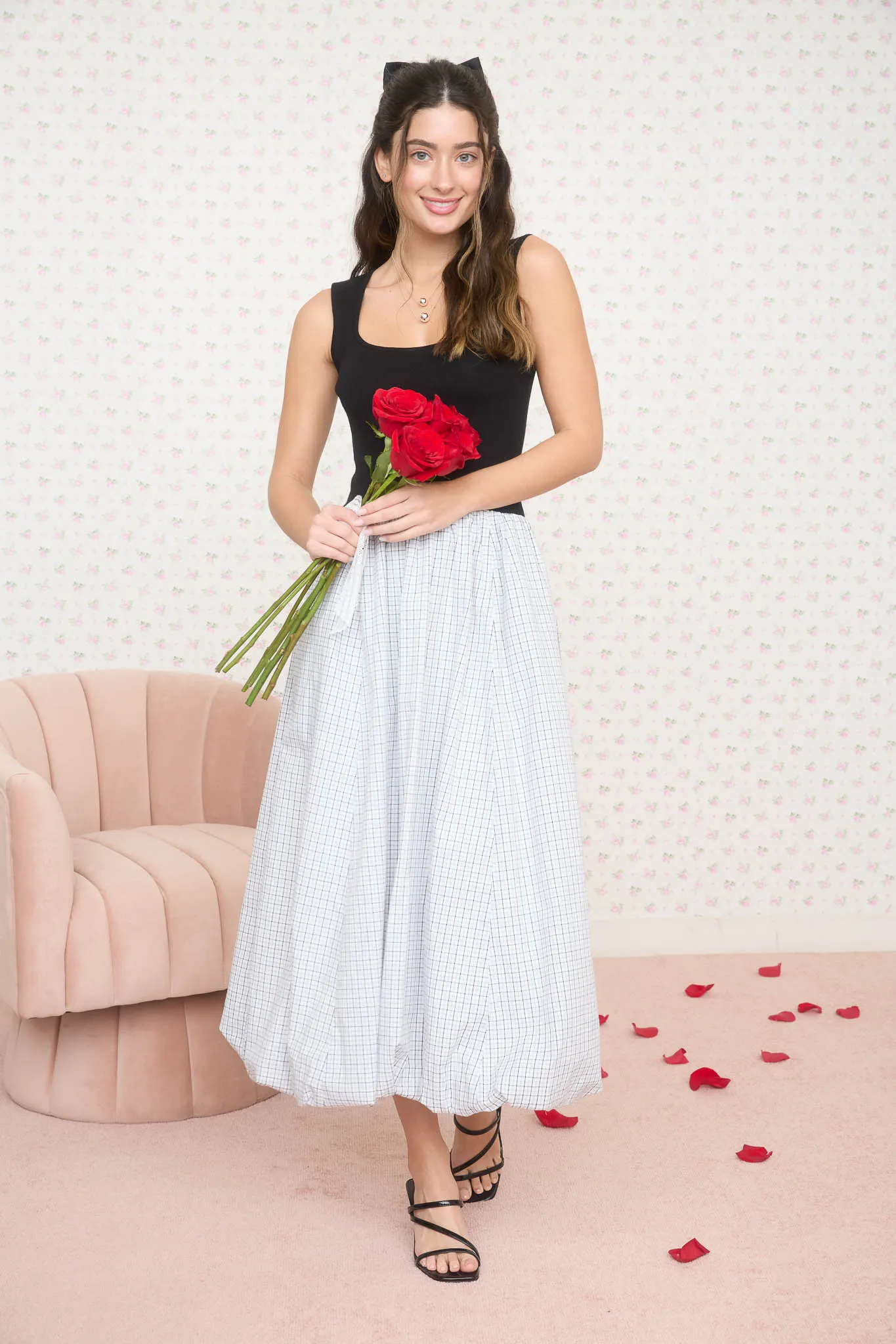 MIXED MEDIA BALLOON PLAID SKIRT MIDI DRESS sold by Blu Pepper product image thumbnail 5