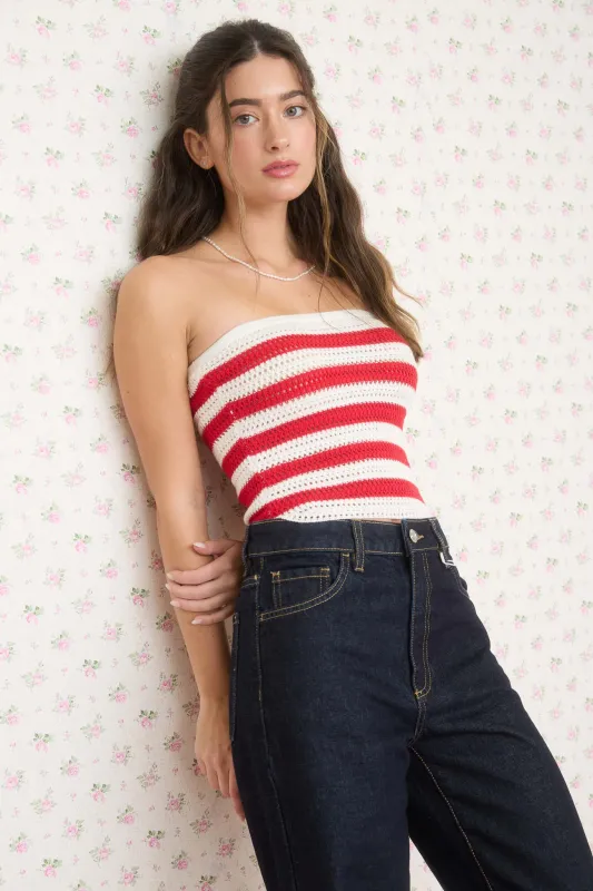 STRIPE STRAPLESS CROCHET KNIT TUBE TOP made by Blu Pepper