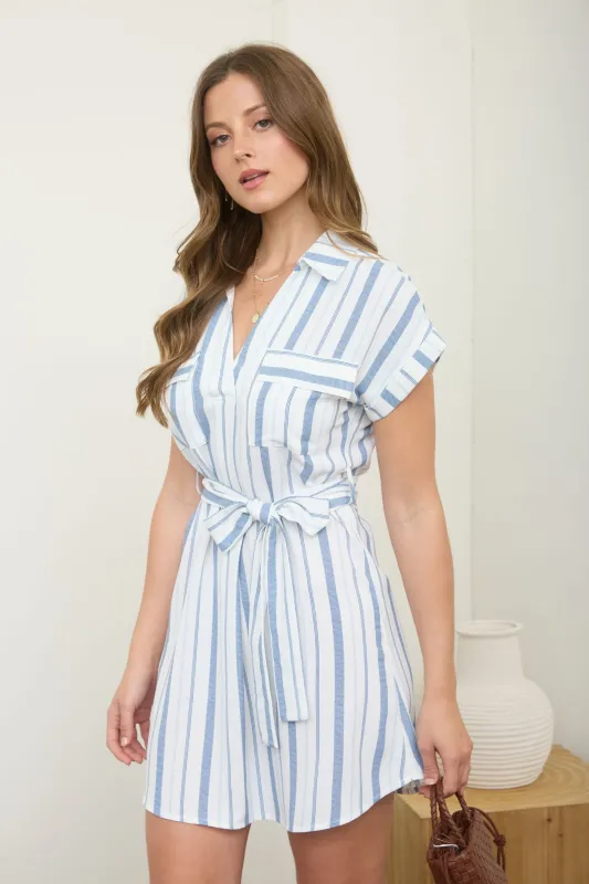 STRIPE COLLARED SHORT SLEEVE BELTED SHIRT DRESS made by mine
