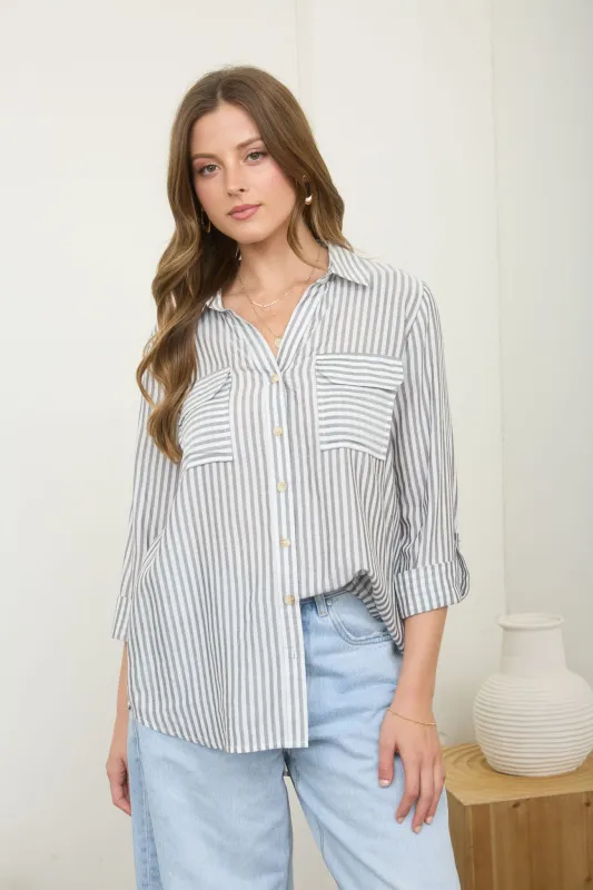 PLUS STRIPE COLLARED BUTTON DOWN LIGHTWEIGHT SHIRT (PRE-ORDER) sold by Blu Pepper