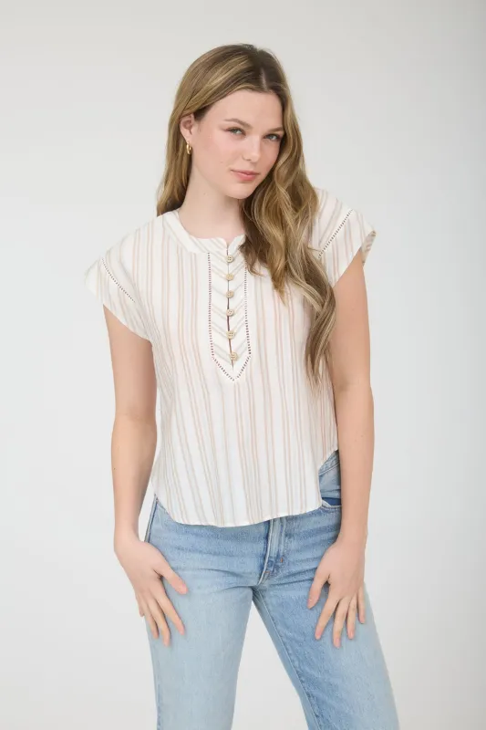PLUS STRIPE HALF BUTTON LADDER LACE TRIM TOP made by Blu Pepper