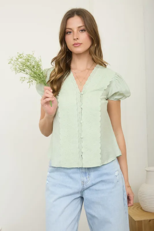 LACE DETAIL PUFF SLEEVE BUTTON DOWN BLOUSE sold by Blu Pepper