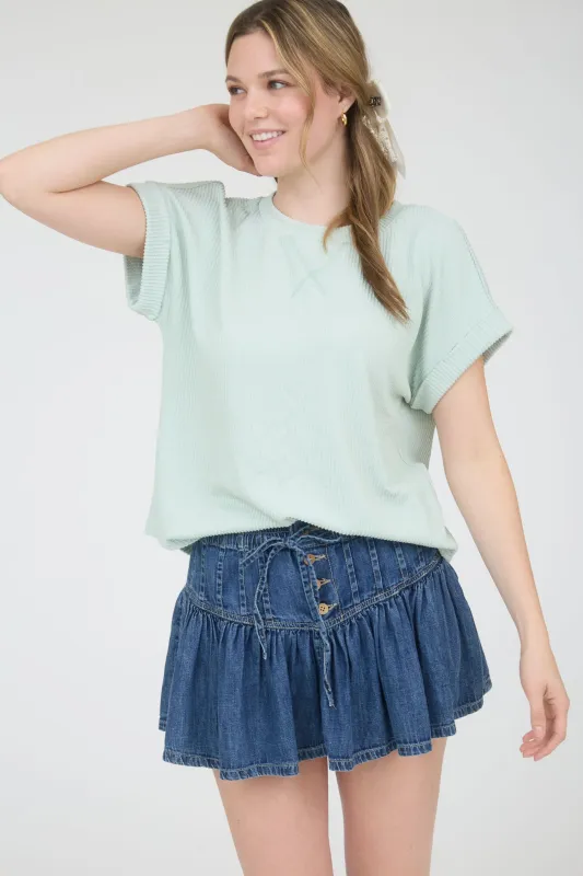 CREW NECK SHORT CUFF SLEEVE RIBBED KNIT TOP sold by Blu Pepper