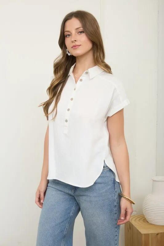 COLLARED HALF BUTTON RUCHED SHOULDER TOP sold by Blu Pepper