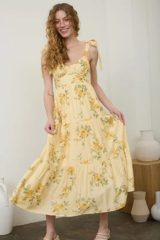 FLORAL TIE STRAP WITH SCALLOP LACE TRIM MIDI DRESS made by mine