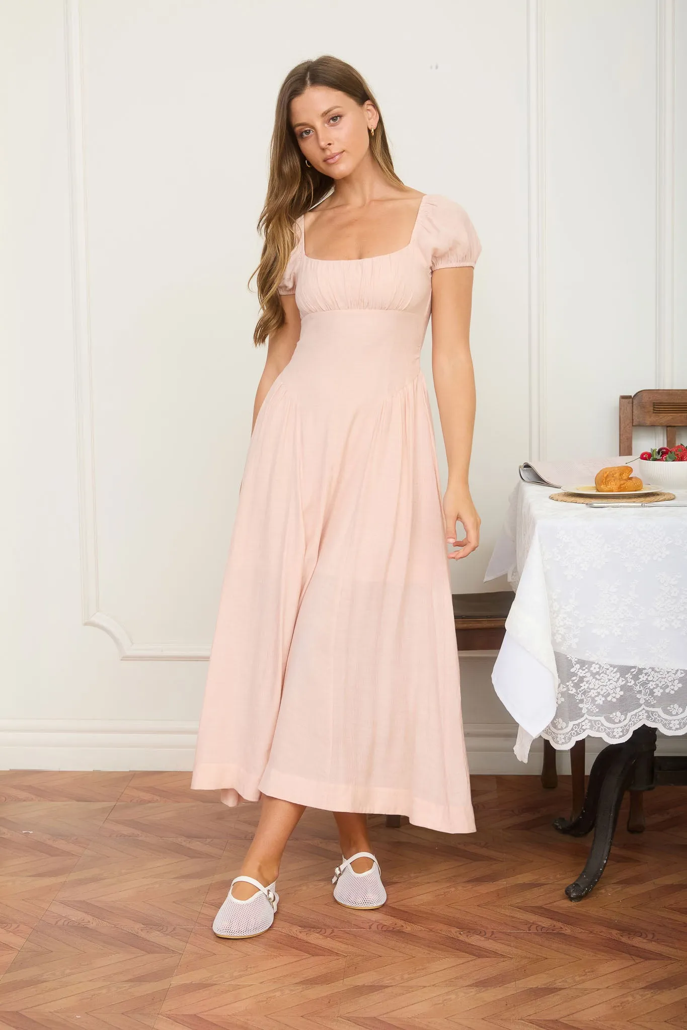 RUCHED DETAIL SCOOP NECK PUFF SLEEVE MIDI DRESS sold by Blu Pepper product image thumbnail 5