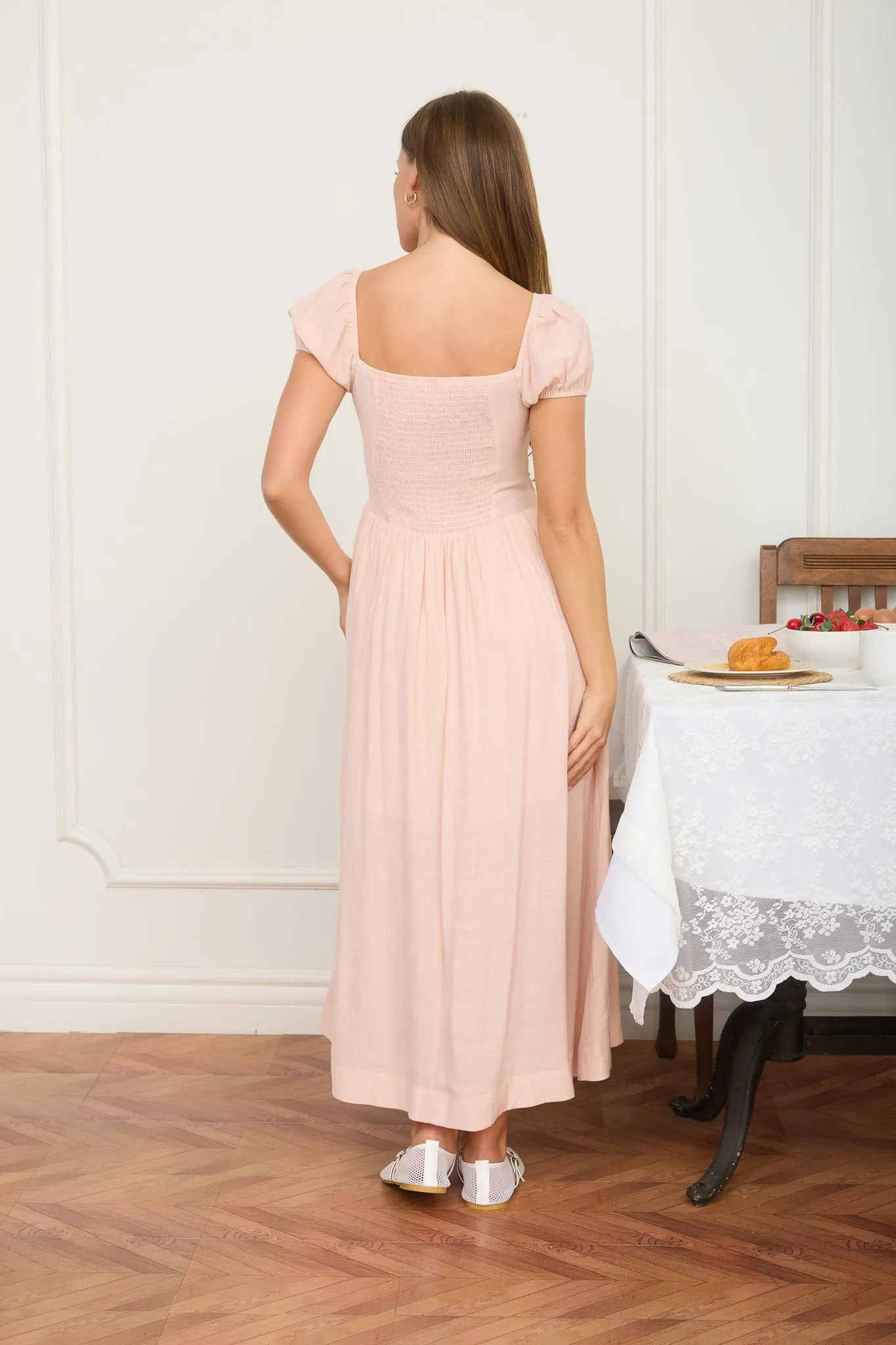 RUCHED DETAIL SCOOP NECK PUFF SLEEVE MIDI DRESS sold by Blu Pepper product image thumbnail 2