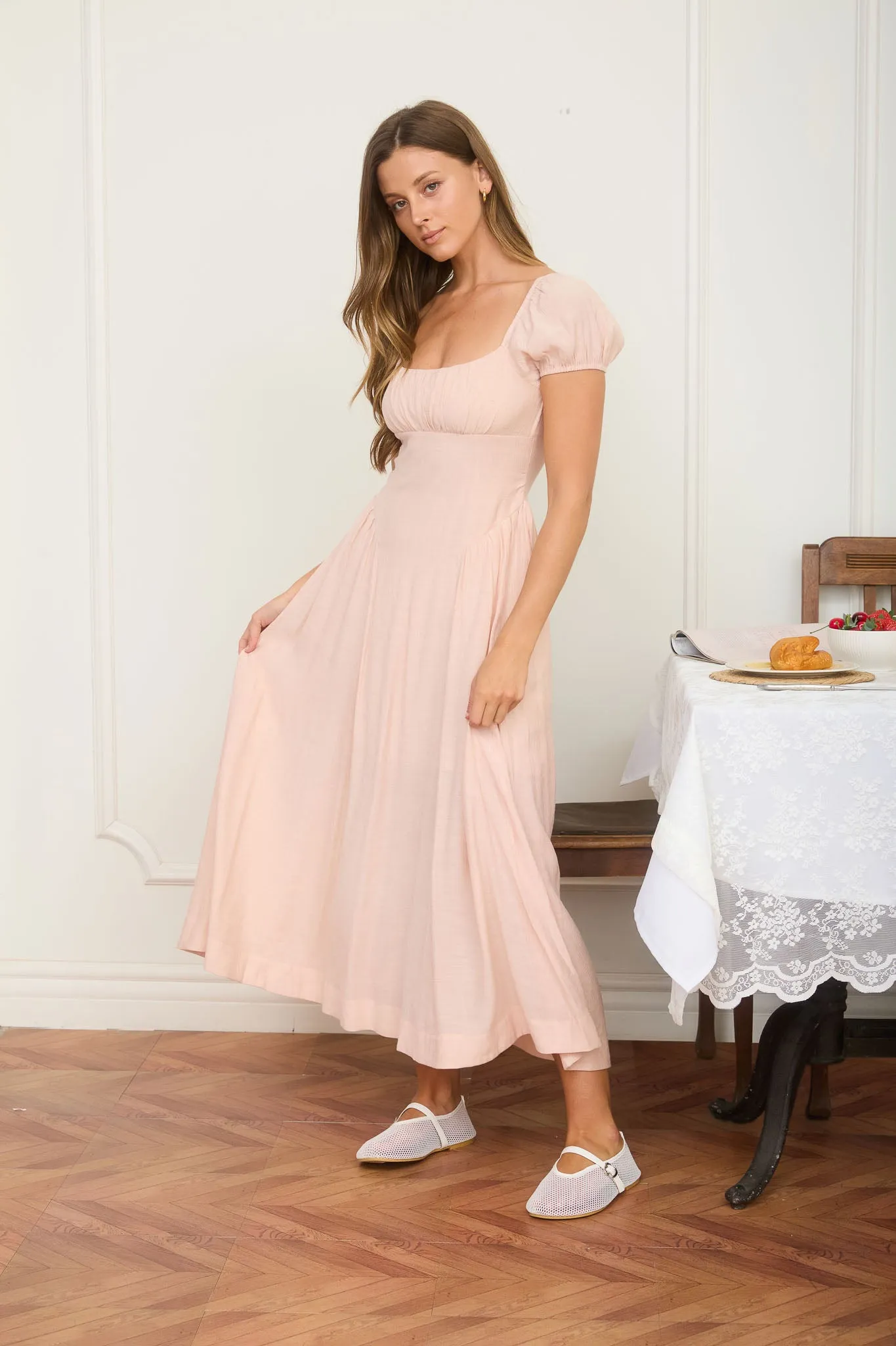 RUCHED DETAIL SCOOP NECK PUFF SLEEVE MIDI DRESS sold by Blu Pepper product image thumbnail 3
