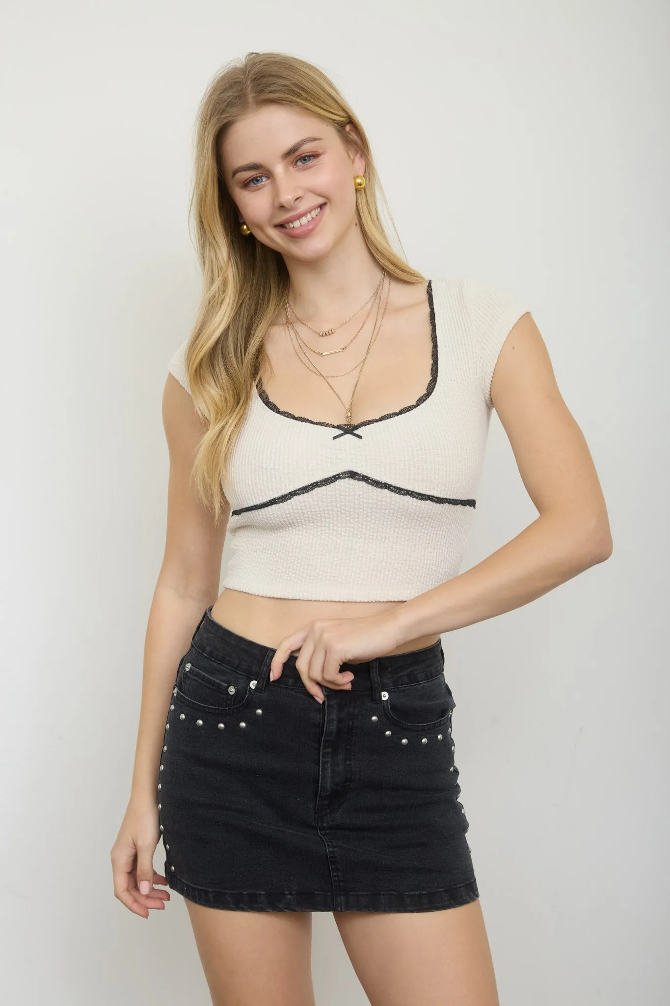 LACE TRIM RIBBON ACCENT SHORT SLEEVE KNIT CROP TOP sold by Blu Pepper