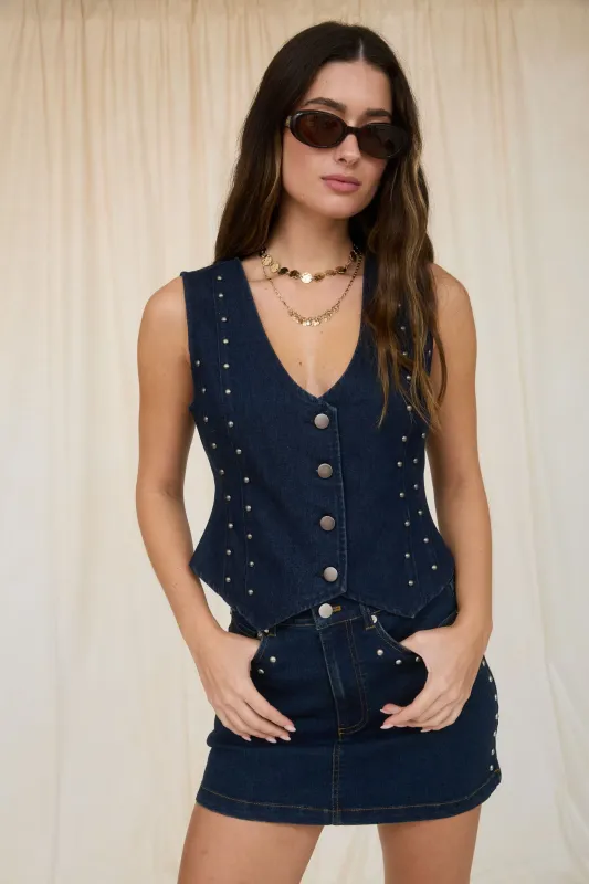 STUD DETAIL V NECK BUTTON DOWN DENIM VEST sold by Blu Pepper