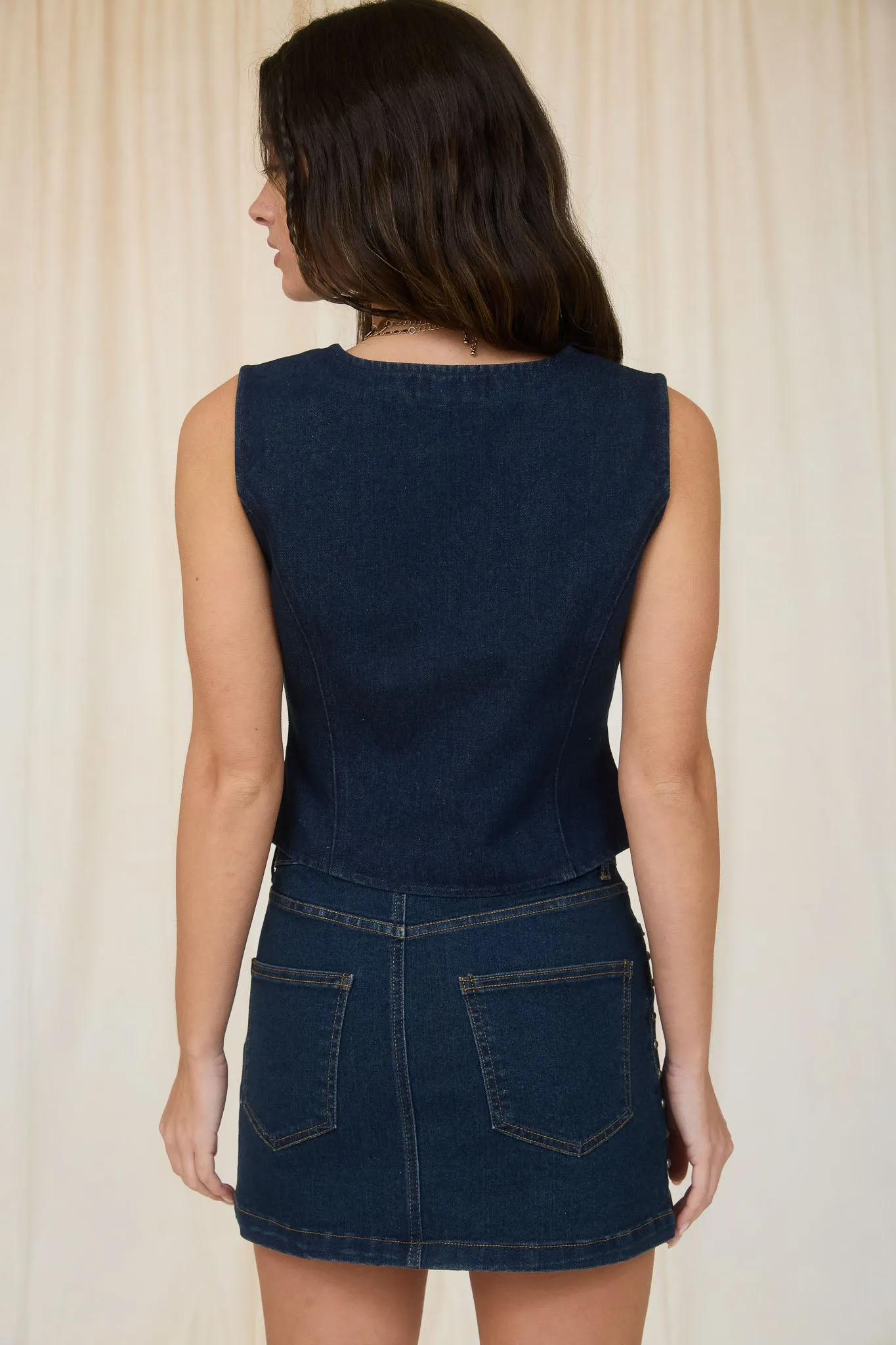 STUD DETAIL V NECK BUTTON DOWN DENIM VEST sold by Blu Pepper product image thumbnail 2