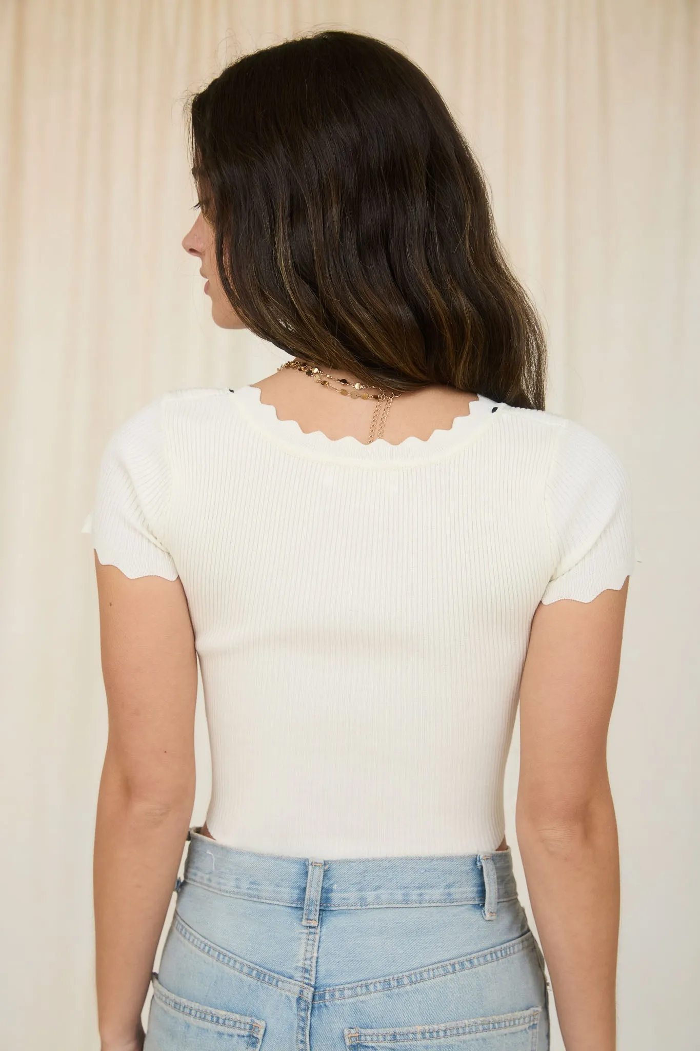 SCALLOP TRIM FRONT RIBBON TIE SWEATER CROP TOP sold by Blu Pepper product image thumbnail 2