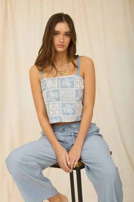 EMBROIDERY CHECKERED PATTERN LACE SPAGHETTI TOP made by Blu Pepper