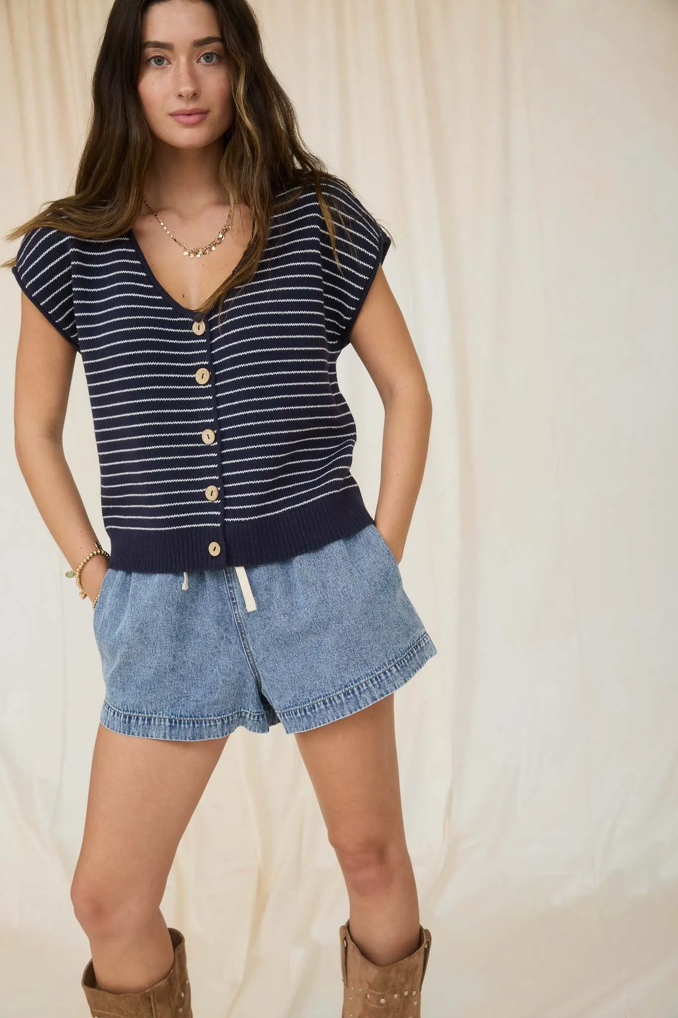 STRIPE SCOOP NECK RAW EDGE SHORT SLEEVE CARDIGAN sold by Blu Pepper product image thumbnail 5
