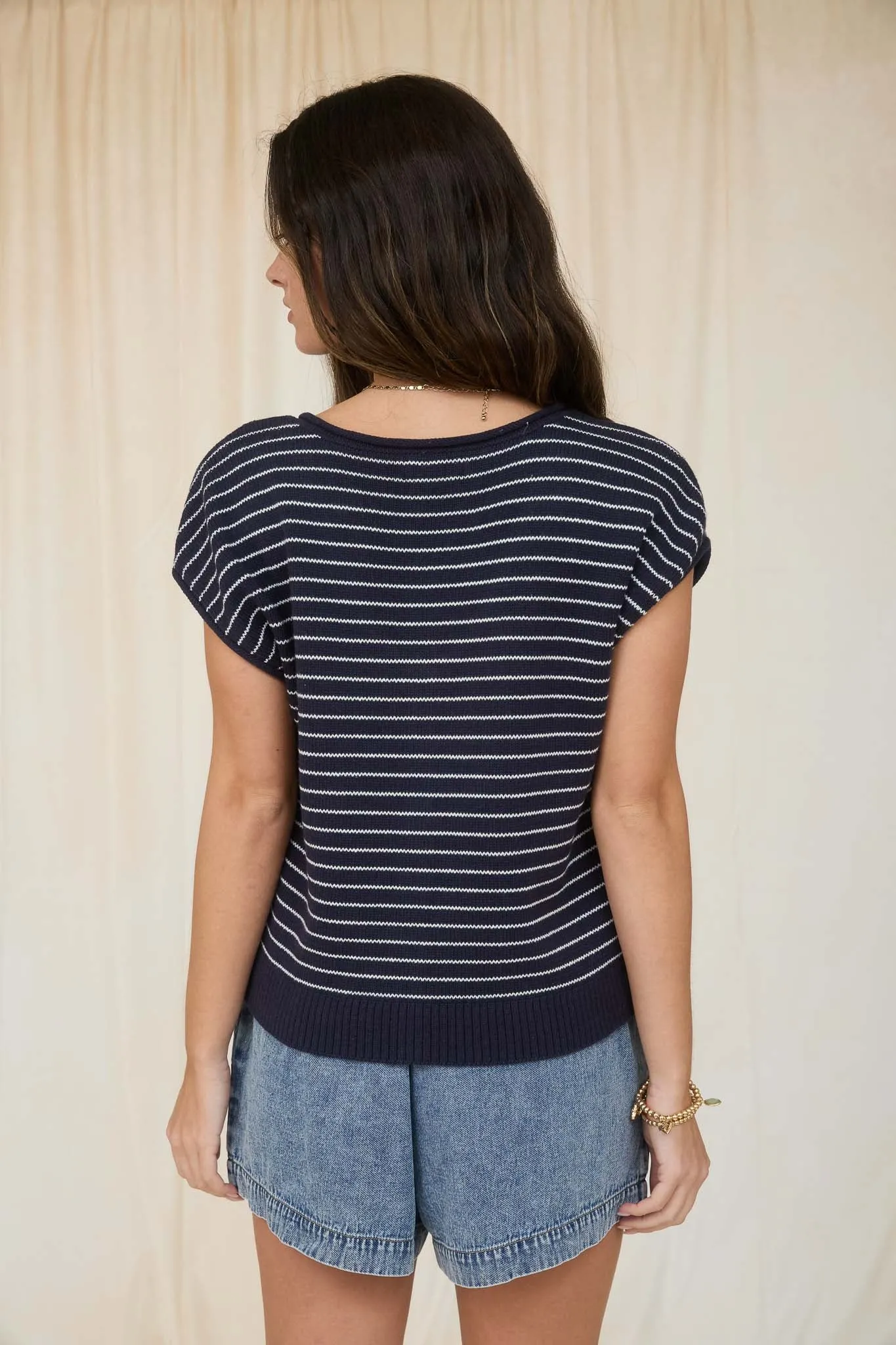 STRIPE SCOOP NECK RAW EDGE SHORT SLEEVE CARDIGAN sold by Blu Pepper product image thumbnail 2
