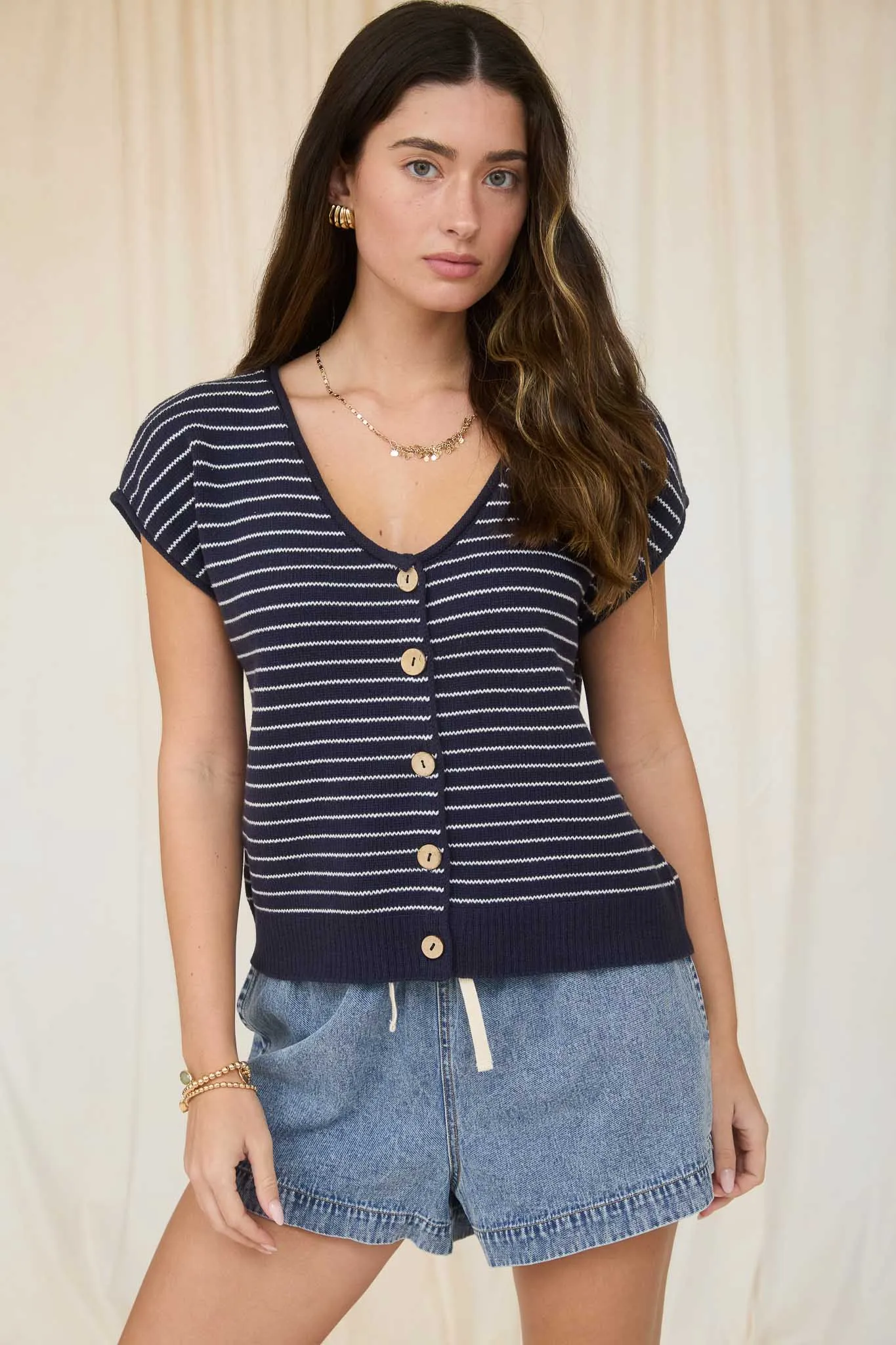 STRIPE SCOOP NECK RAW EDGE SHORT SLEEVE CARDIGAN sold by Blu Pepper product image thumbnail 4