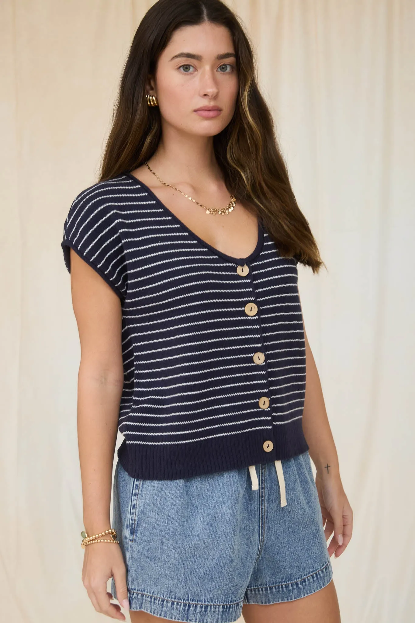 STRIPE SCOOP NECK RAW EDGE SHORT SLEEVE CARDIGAN sold by Blu Pepper product image thumbnail 3