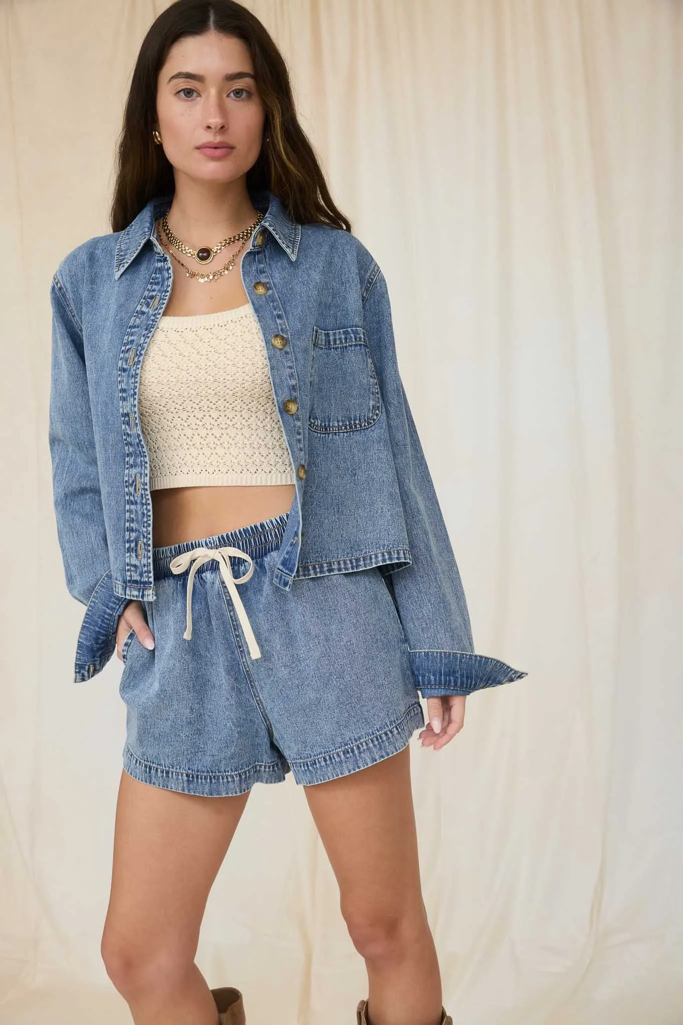 ACID WASH COLLARED LONG SLEEVE BOXY DENIM SHIRT sold by Blu Pepper