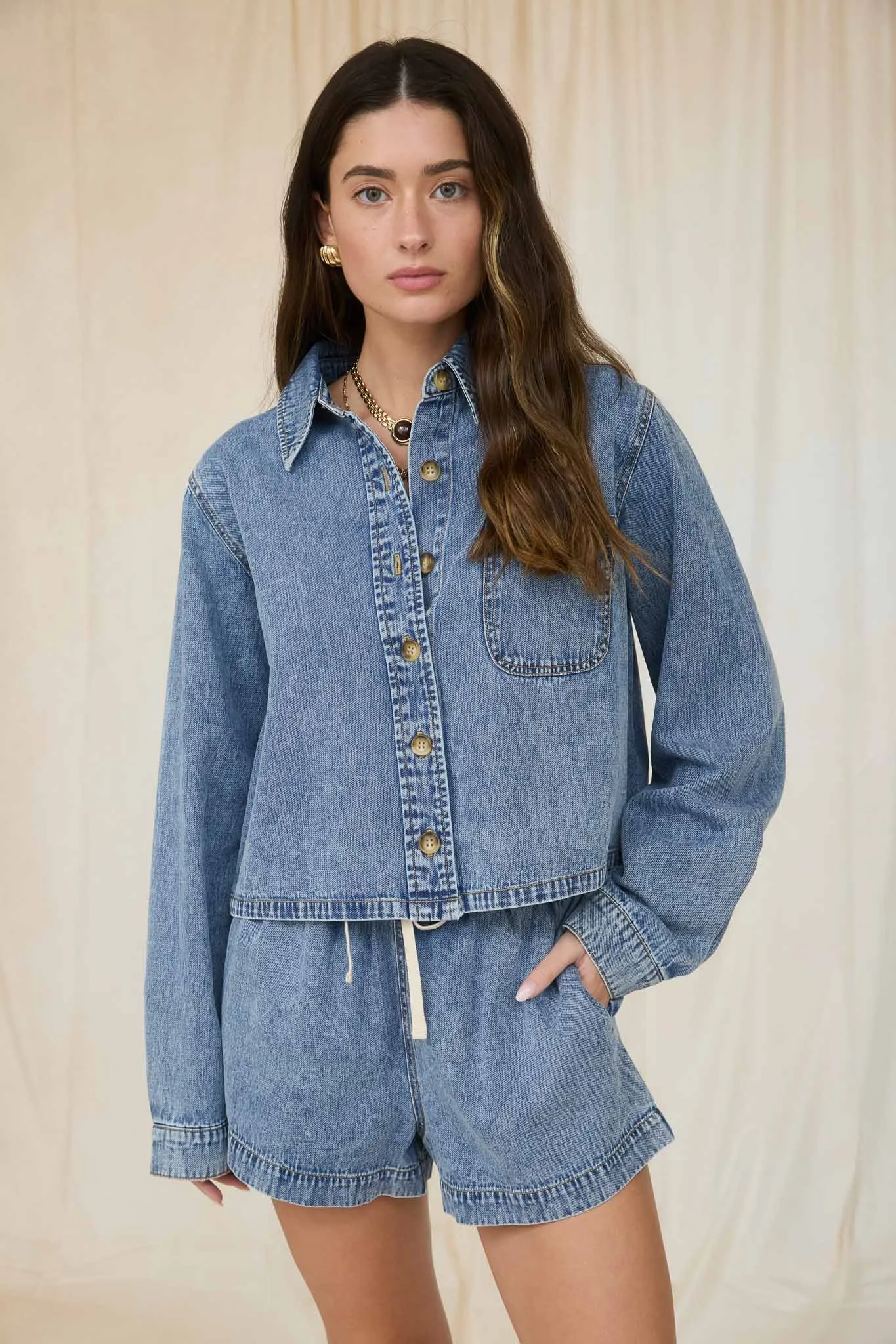 ACID WASH COLLARED LONG SLEEVE BOXY DENIM SHIRT sold by Blu Pepper product image thumbnail 5